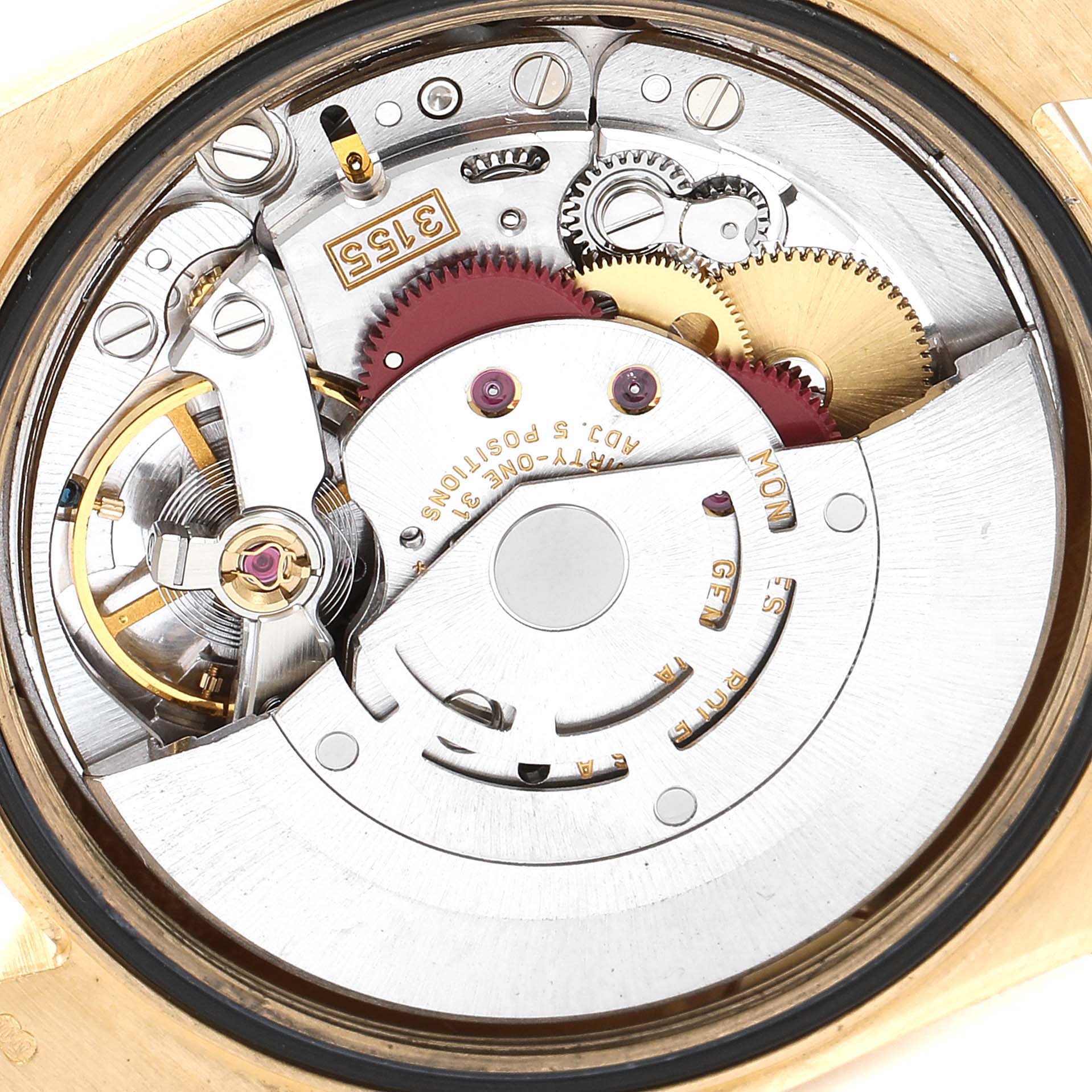 The image shows the movement and inner mechanism of the Rolex President 118238 Men
s Yellow Gold Champagne Dial 118238 Men
s Yellow Gold Champagne Dial model watch.