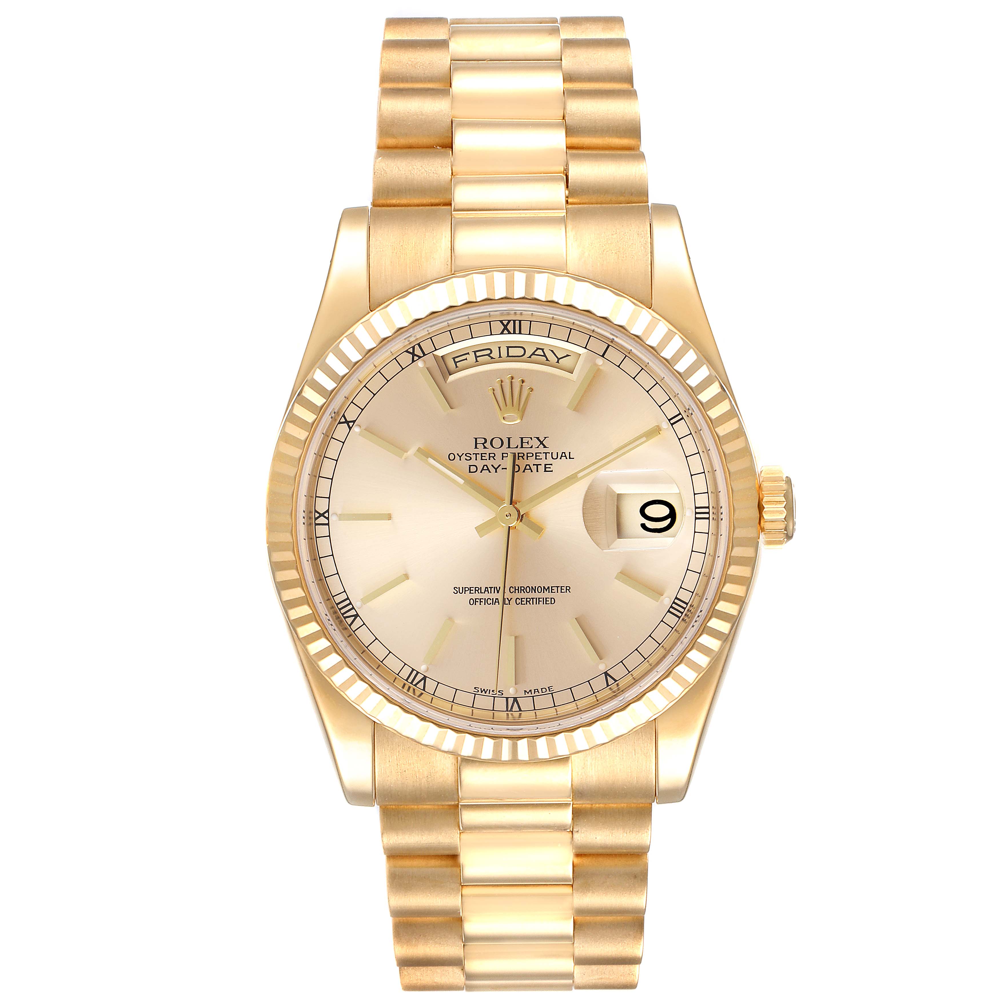 The Rolex President 118238 Men
s Yellow Gold Champagne Dial 118238 Men
s Yellow Gold Champagne Dial model watch is shown from a front angle, featuring the face, bezel, crown, and bracelet.