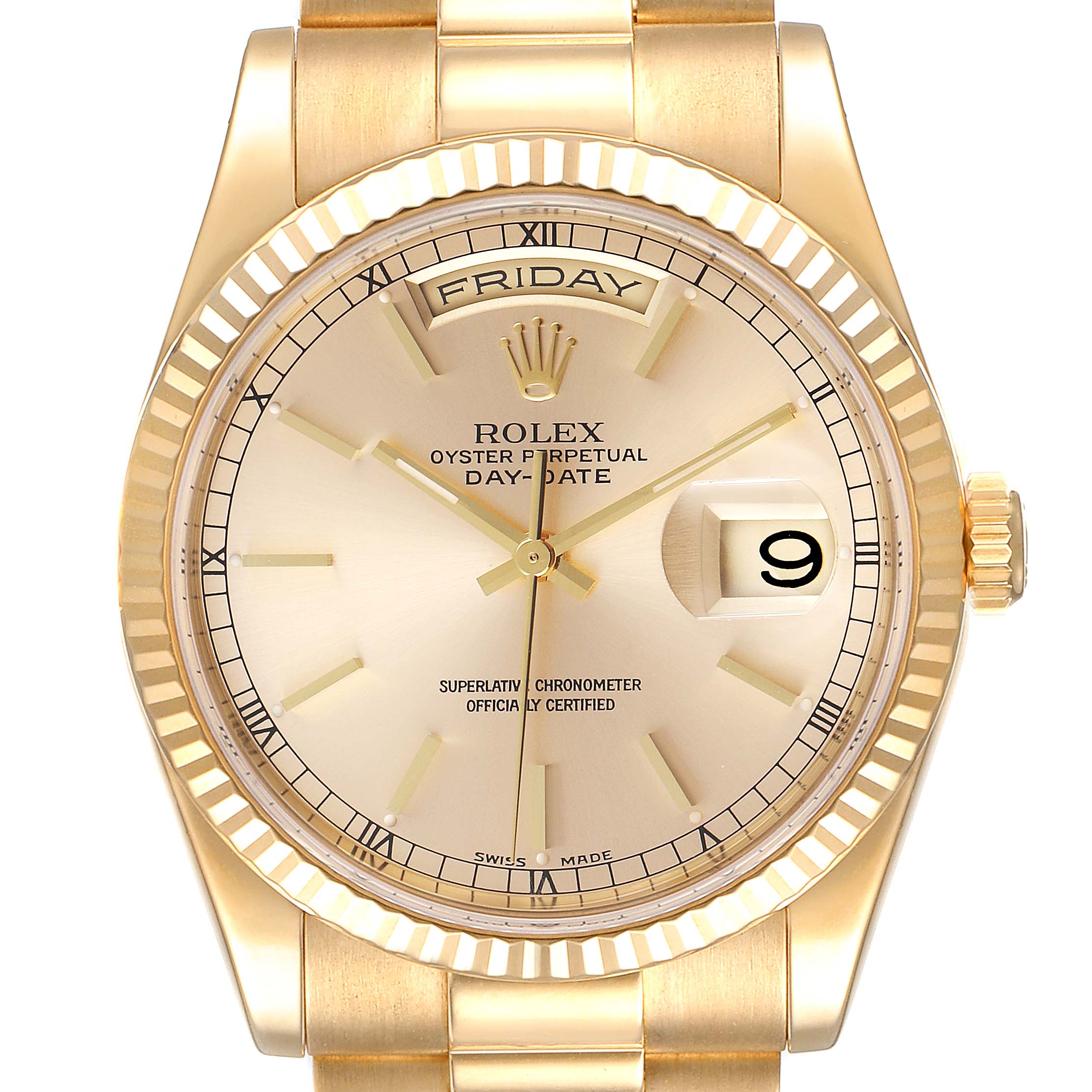 This image shows the front view of a Rolex President 118238 Men
s Yellow Gold Champagne Dial 118238 Men
s Yellow Gold Champagne Dial Oyster Perpetual Day-Date watch, highlighting its dial, bezel, and bracelet.