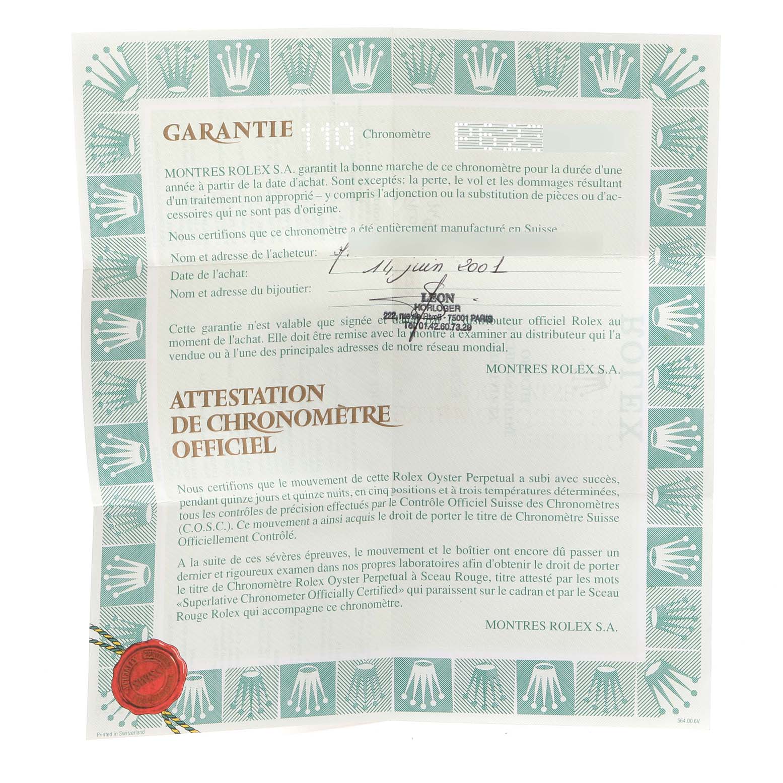 This image shows a warranty document for the Rolex President 118238 Men
s Yellow Gold Champagne Dial 118238 Men
s Yellow Gold Champagne Dial model, featuring the brand
s logo and certification details.