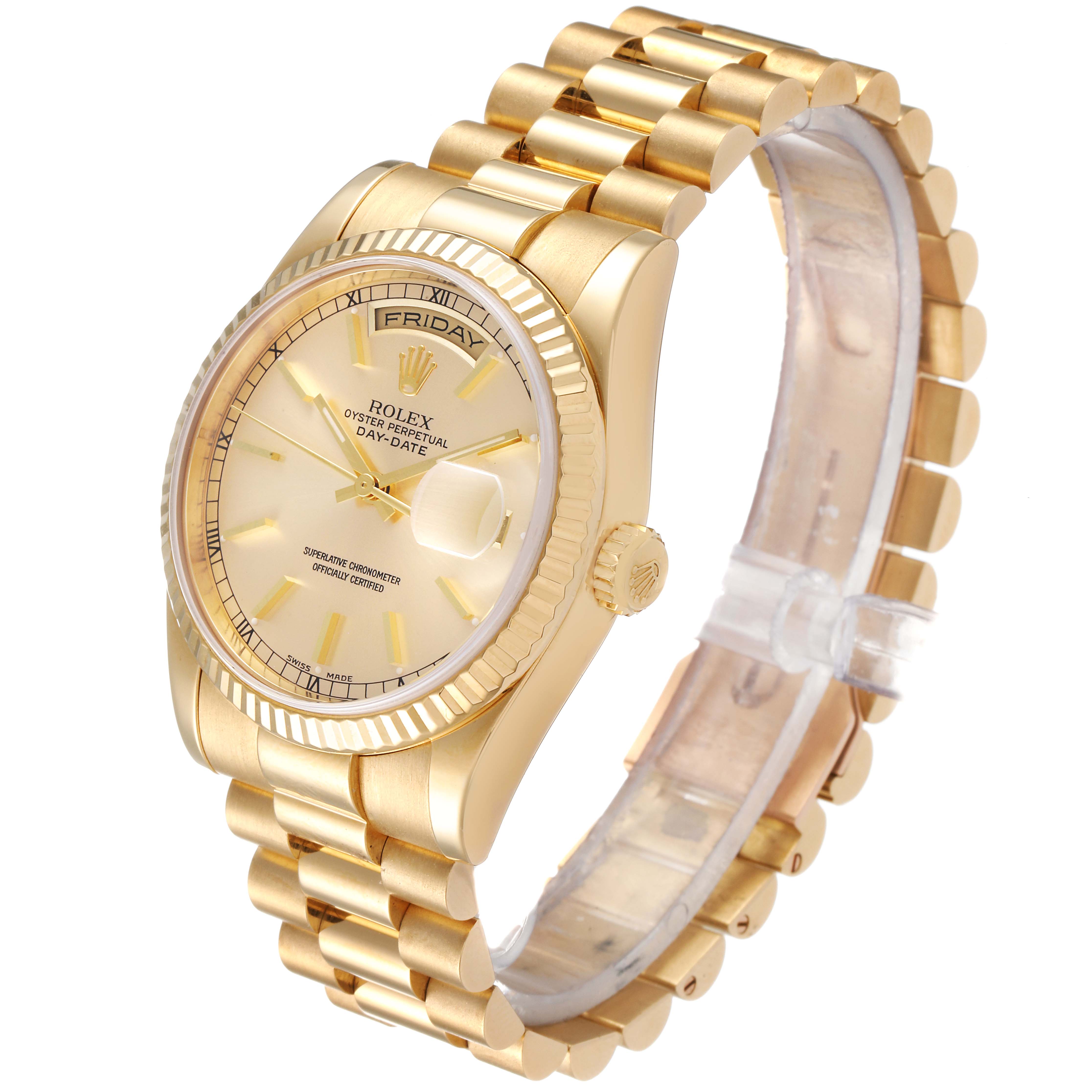 This image shows a side angle of a Rolex President 118238 Men
s Yellow Gold Champagne Dial 118238 Men
s Yellow Gold Champagne Dial model watch, highlighting its gold band, dial, and fluted bezel.