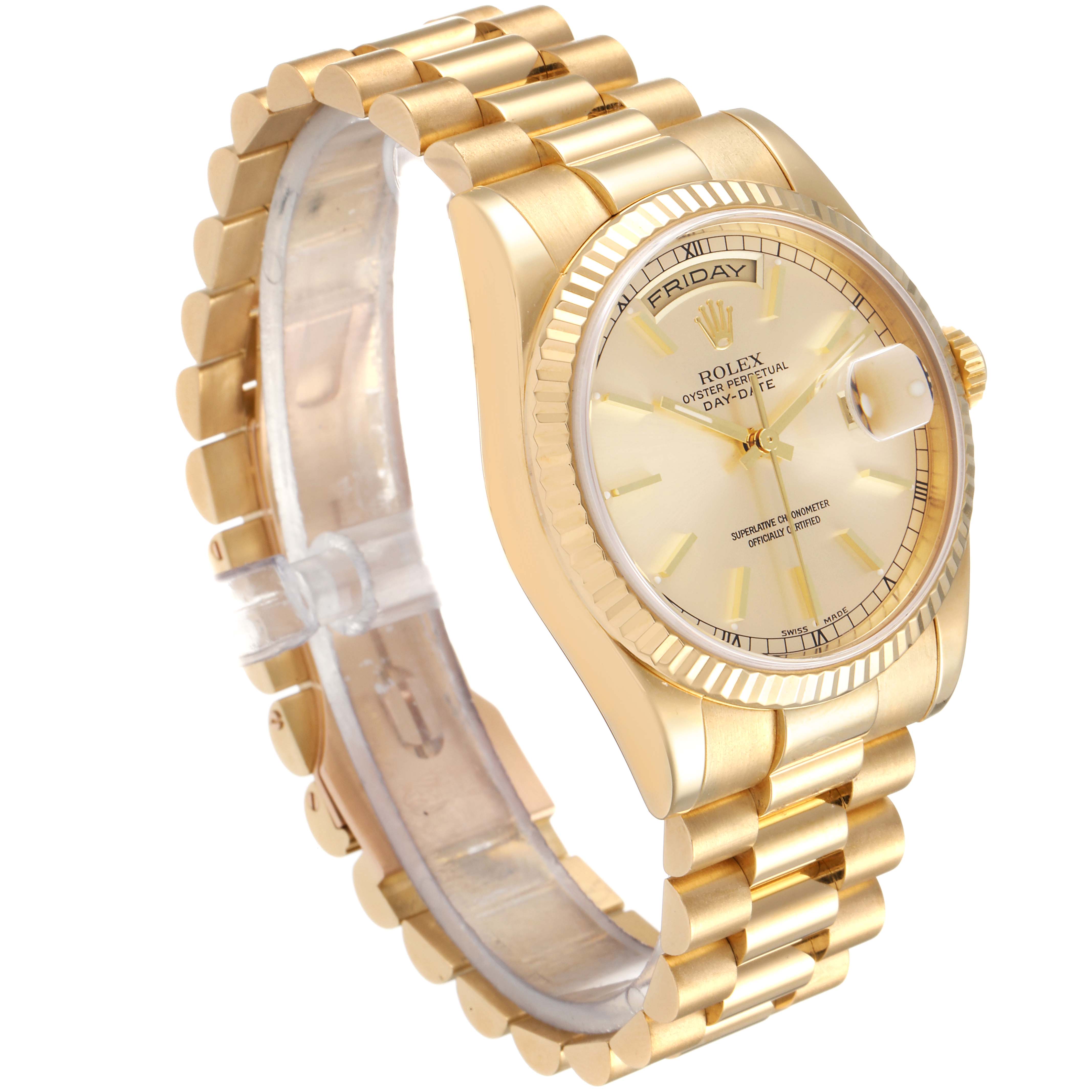 The image shows a side angle of a Rolex President 118238 Men
s Yellow Gold Champagne Dial 118238 Men
s Yellow Gold Champagne Dial model watch, highlighting its gold bracelet, case, and dial.