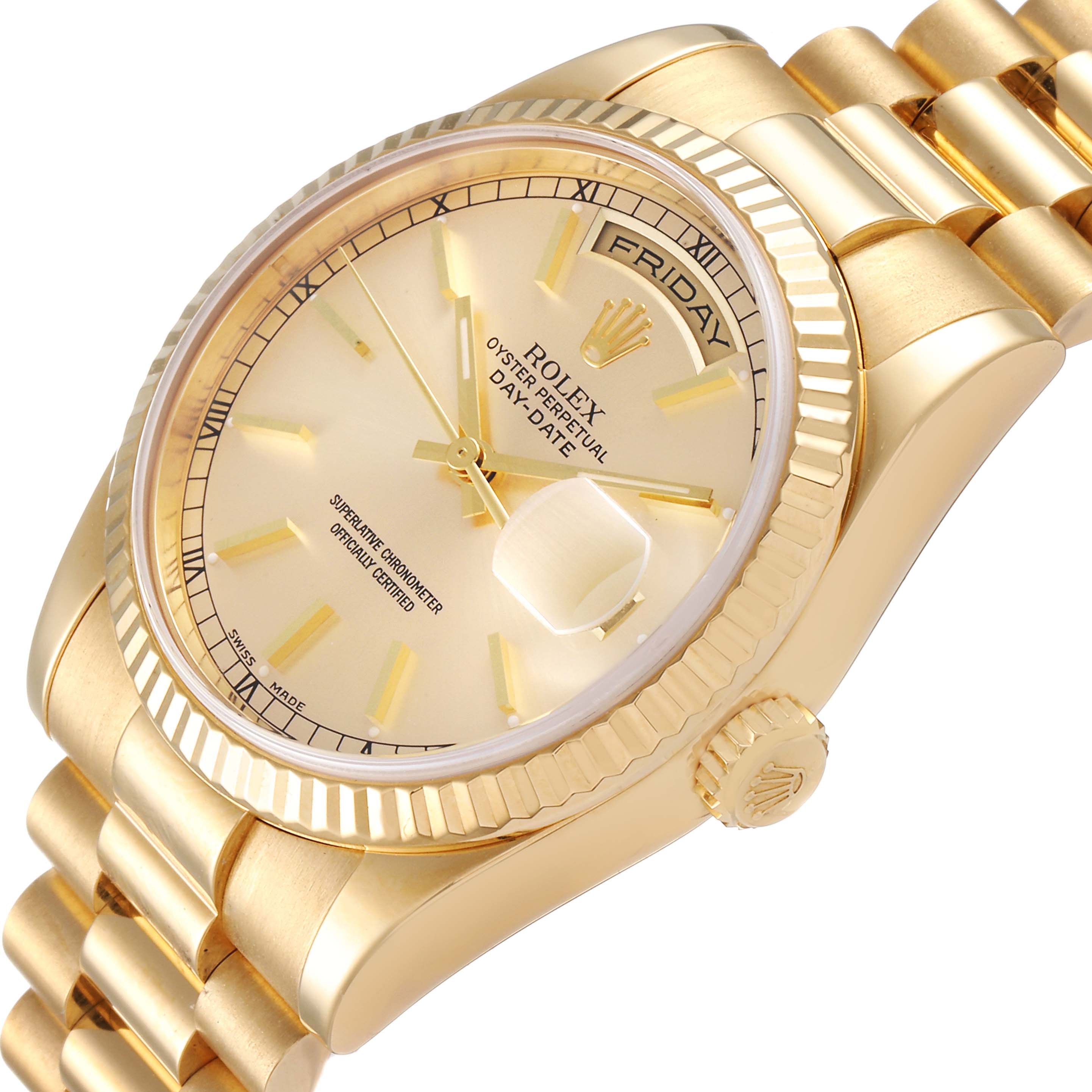 The image shows a close-up, angled view of the Rolex President 118238 Men
s Yellow Gold Champagne Dial 118238 Men
s Yellow Gold Champagne Dial model watch, highlighting the dial, bezel, crown, and part of the bracelet.