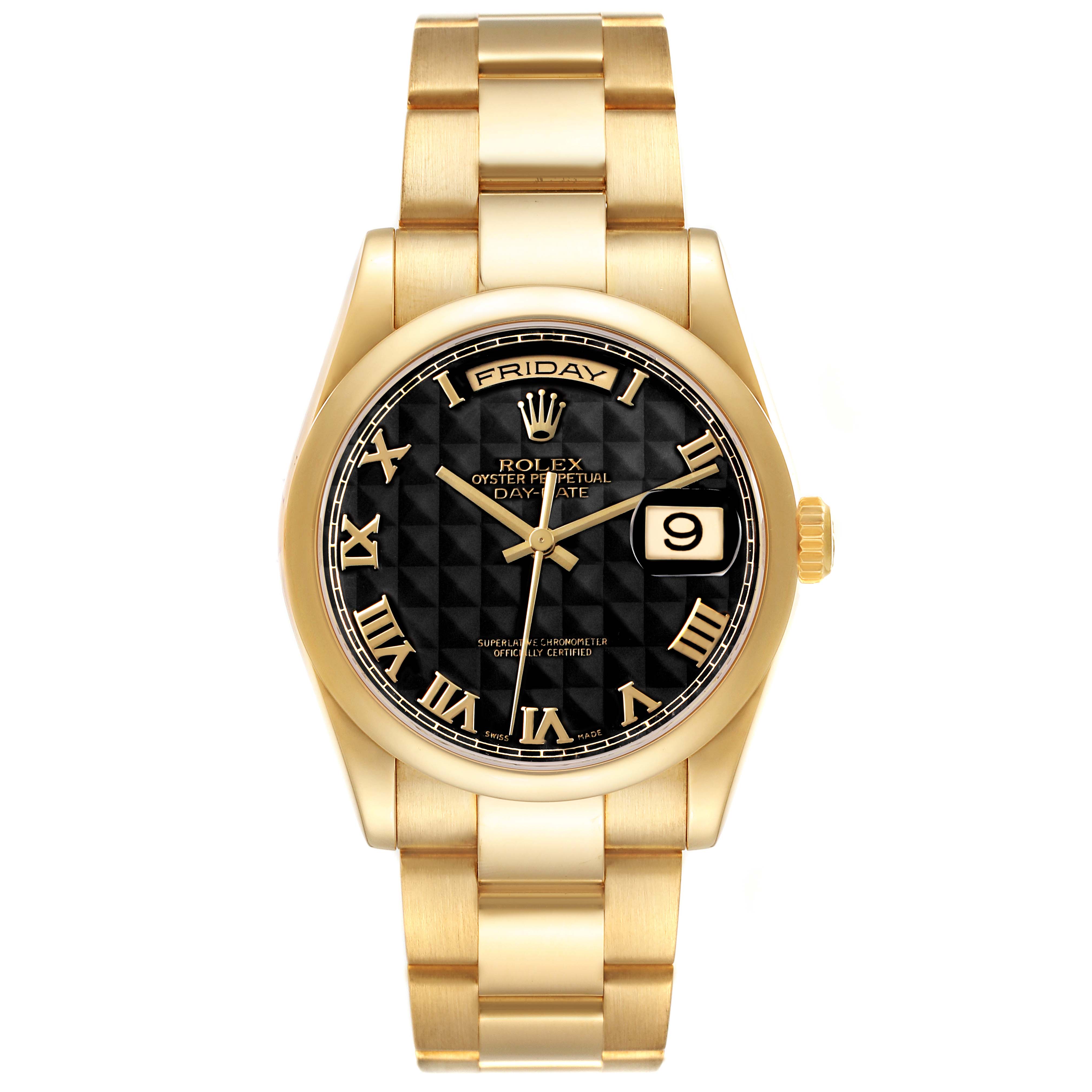 The Rolex President 118208 Men's Yellow Gold Black Dial model is shown from the front, highlighting its gold case, black dial with Roman numerals, and bracelet.