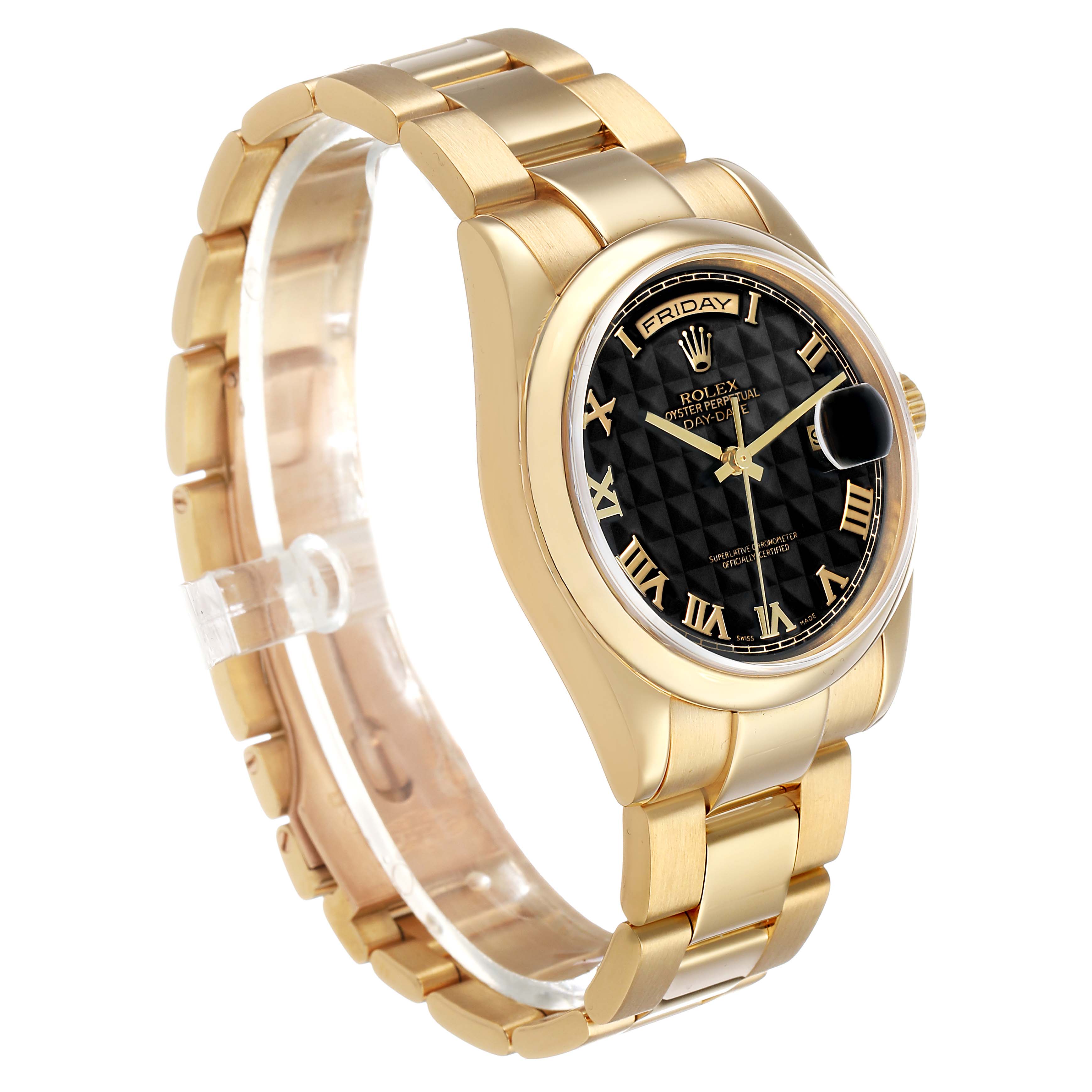 The Rolex President 118208 Men's Yellow Gold Black Dial model is shown at a three-quarter angle, featuring the dial, bracelet, and crown.