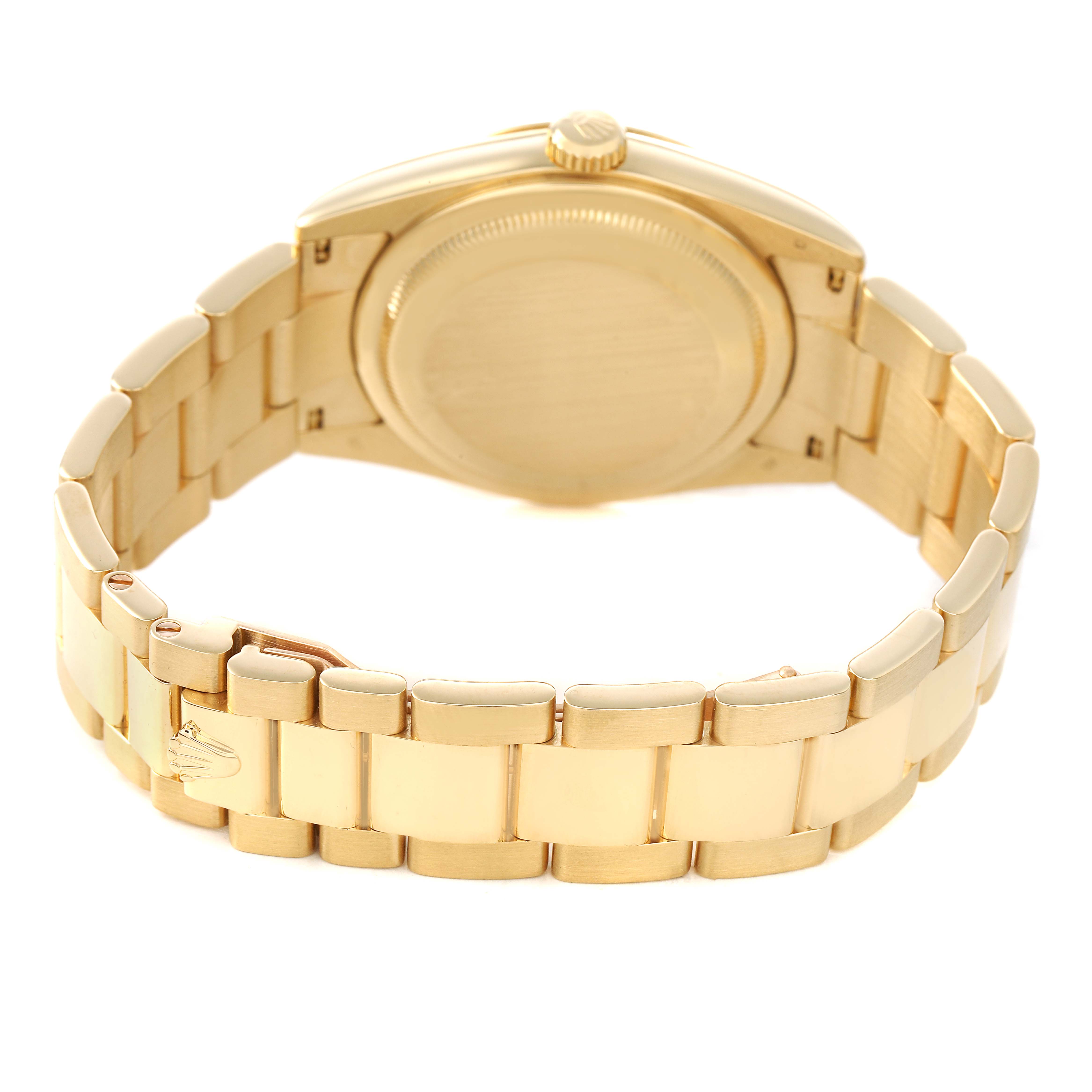 The image shows the back and bracelet of a Rolex President 118208 Men's Yellow Gold Black Dial model watch, focusing on the case back and clasp.