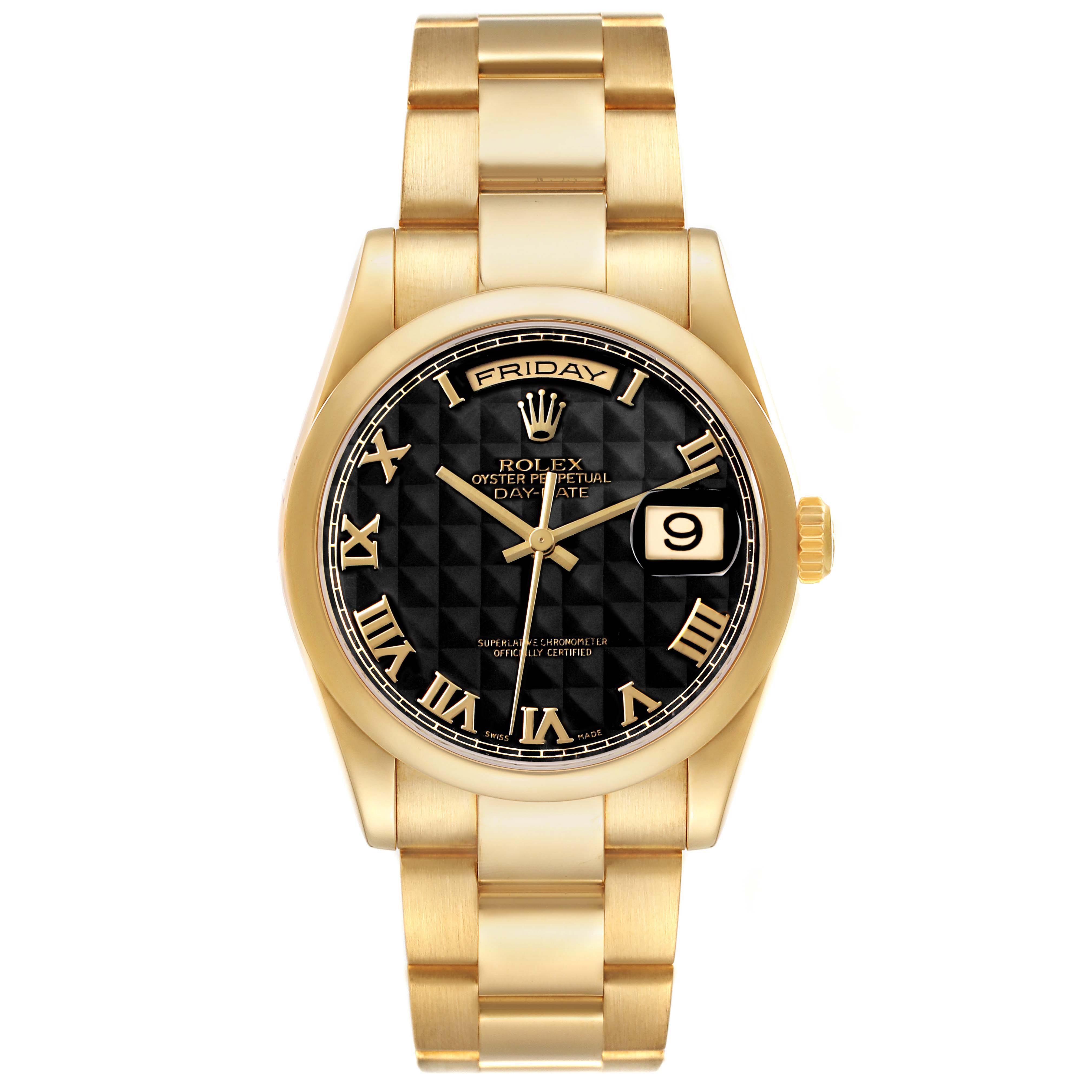 The Rolex President 118208 Mens Yellow Gold Black Dial model is shown from the front, displaying the dial, bezel, bracelet, and crown.