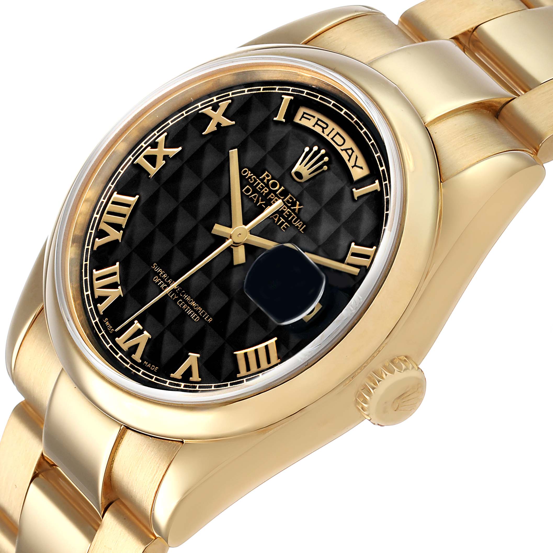 The Rolex President 118208 Men's Yellow Gold Black Dial model watch is shown at a slight angled view, highlighting its gold case, black dial with Roman numerals, and crown.
