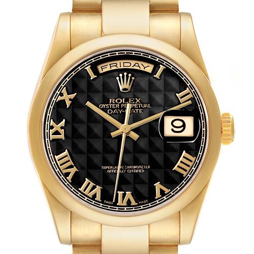 The Rolex President 118208 Men's Yellow Gold Black Dial model is shown from the front, displaying its dial, bezel, and part of the bracelet.