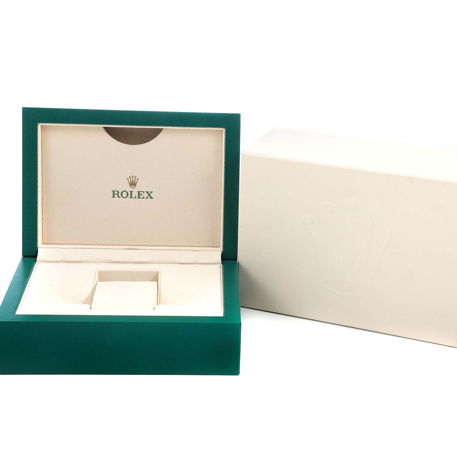 The image shows an empty Rolex President 118208 Men's Yellow Gold Black Dial watch box with an open lid and outer case.