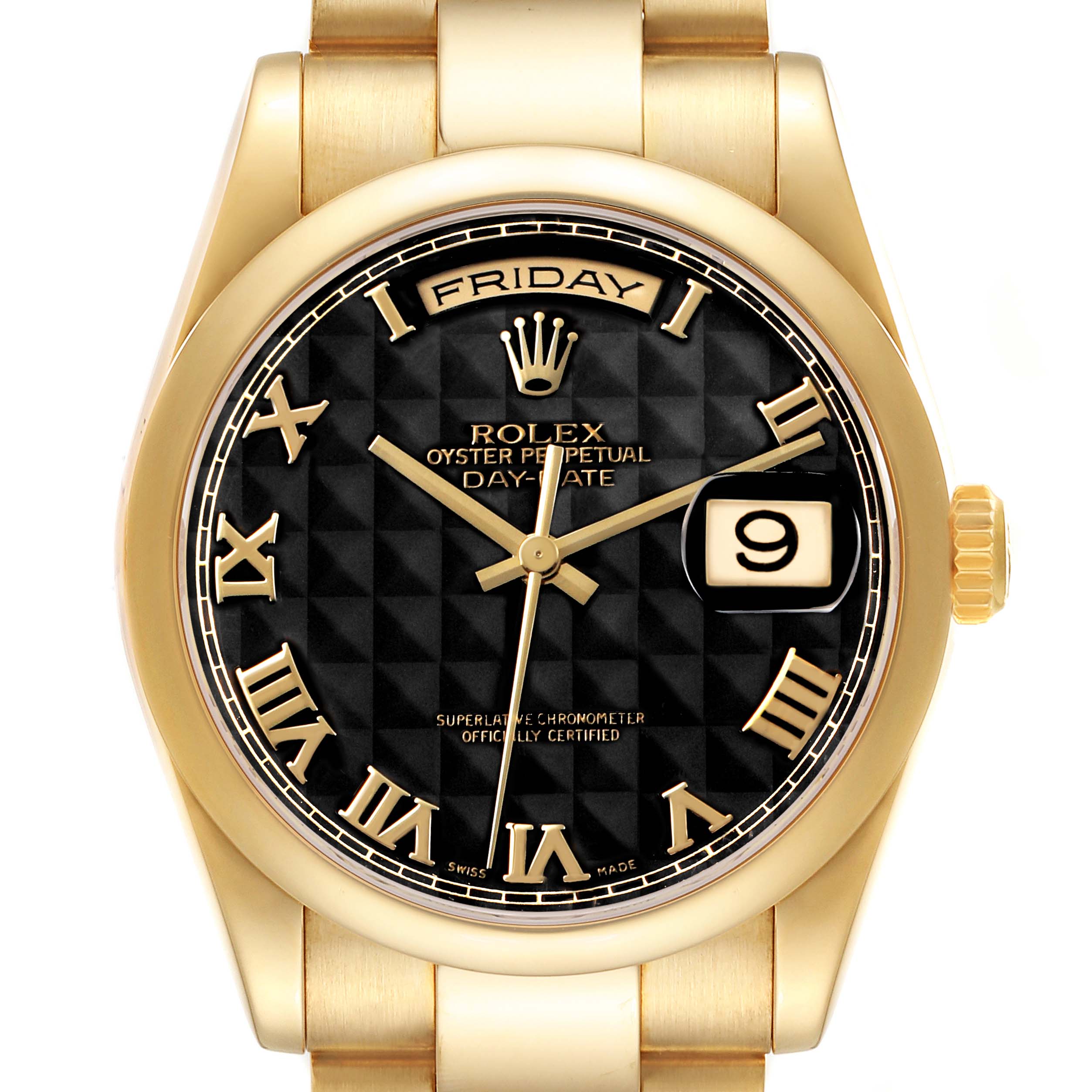 The Rolex President 118208 Men's Yellow Gold Black Dial model watch is shown from a front angle, highlighting the black dial, day and date features, and gold casing.