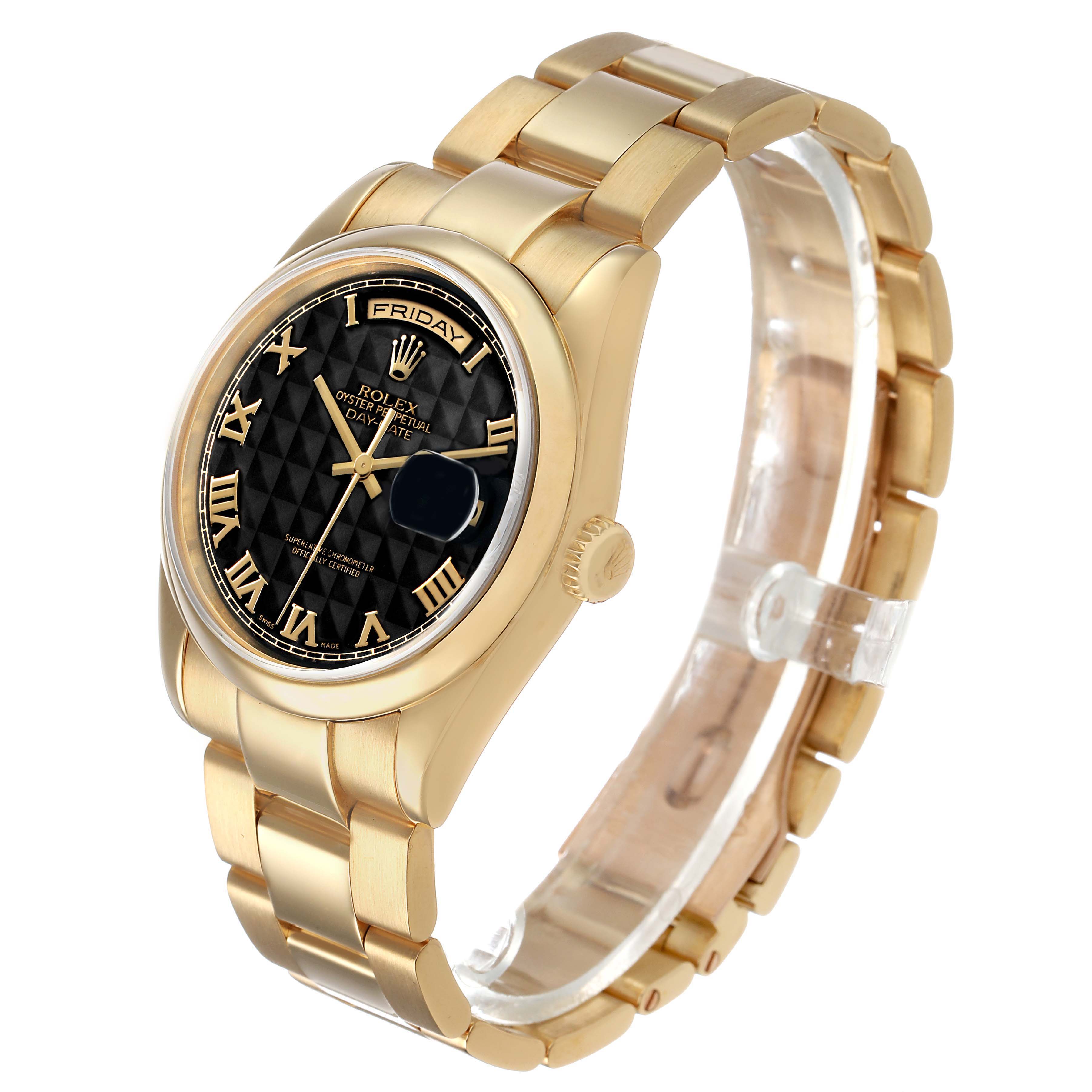 The Rolex President 118208 Mens Yellow Gold Black Dial model is shown at a side angle, highlighting the gold bracelet, crown, and detailed black dial features.