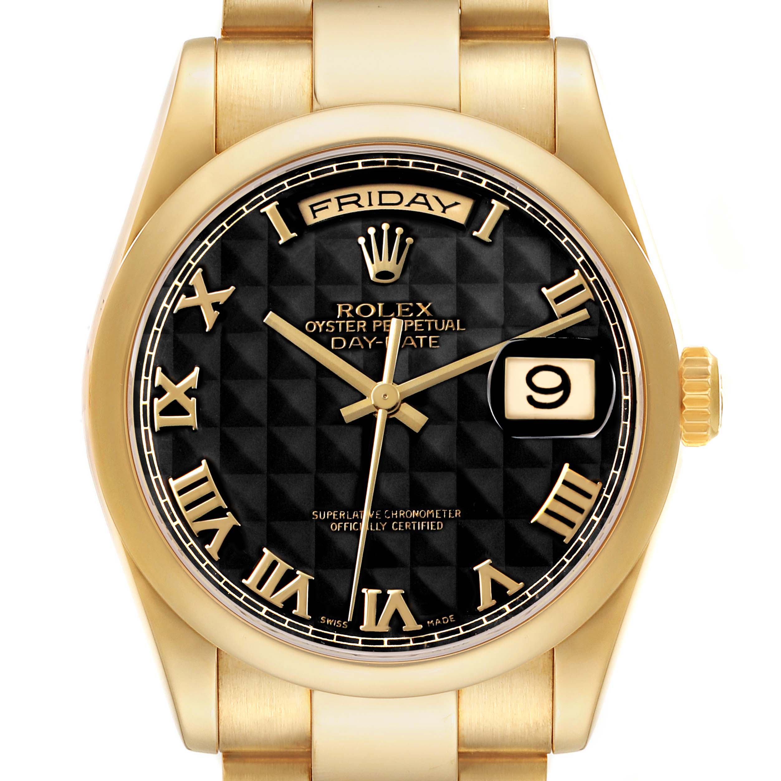 The Rolex President 118208 Mens Yellow Gold Black Dial watch is shown from a front angle, highlighting the black dial, day-date display, and gold case.