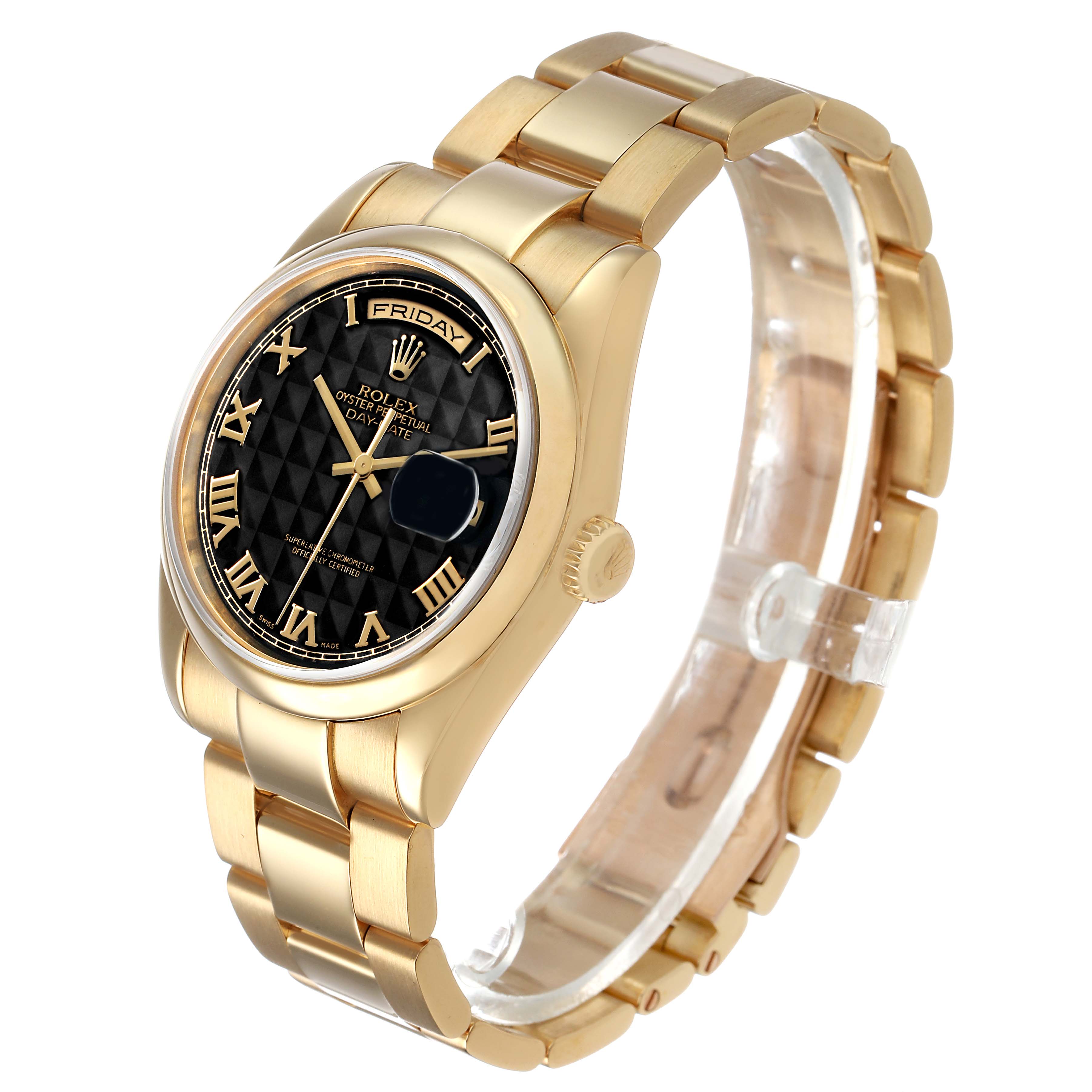 The Rolex President 118208 Men's Yellow Gold Black Dial model is shown at a three-quarter angle, highlighting the bracelet, bezel, and dial.