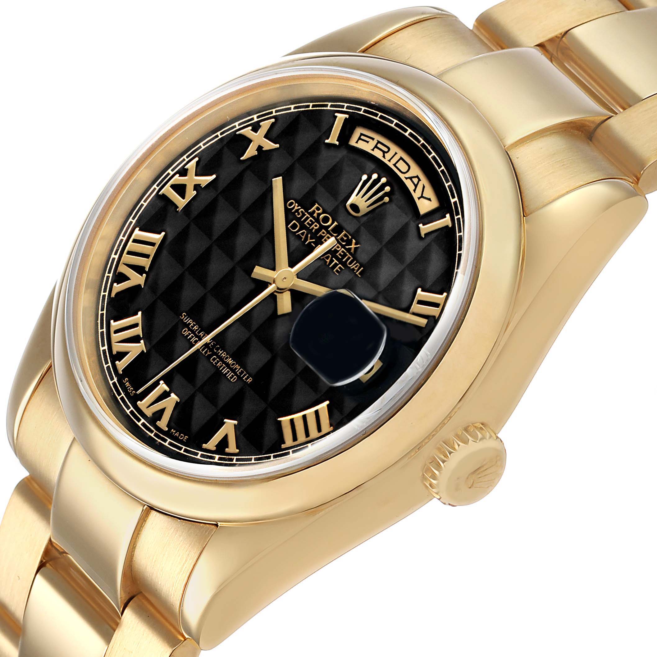 The Rolex President 118208 Mens Yellow Gold Black Dial watch is shown at a slight angle, highlighting the gold bracelet, crown, and black dial with Roman numerals.