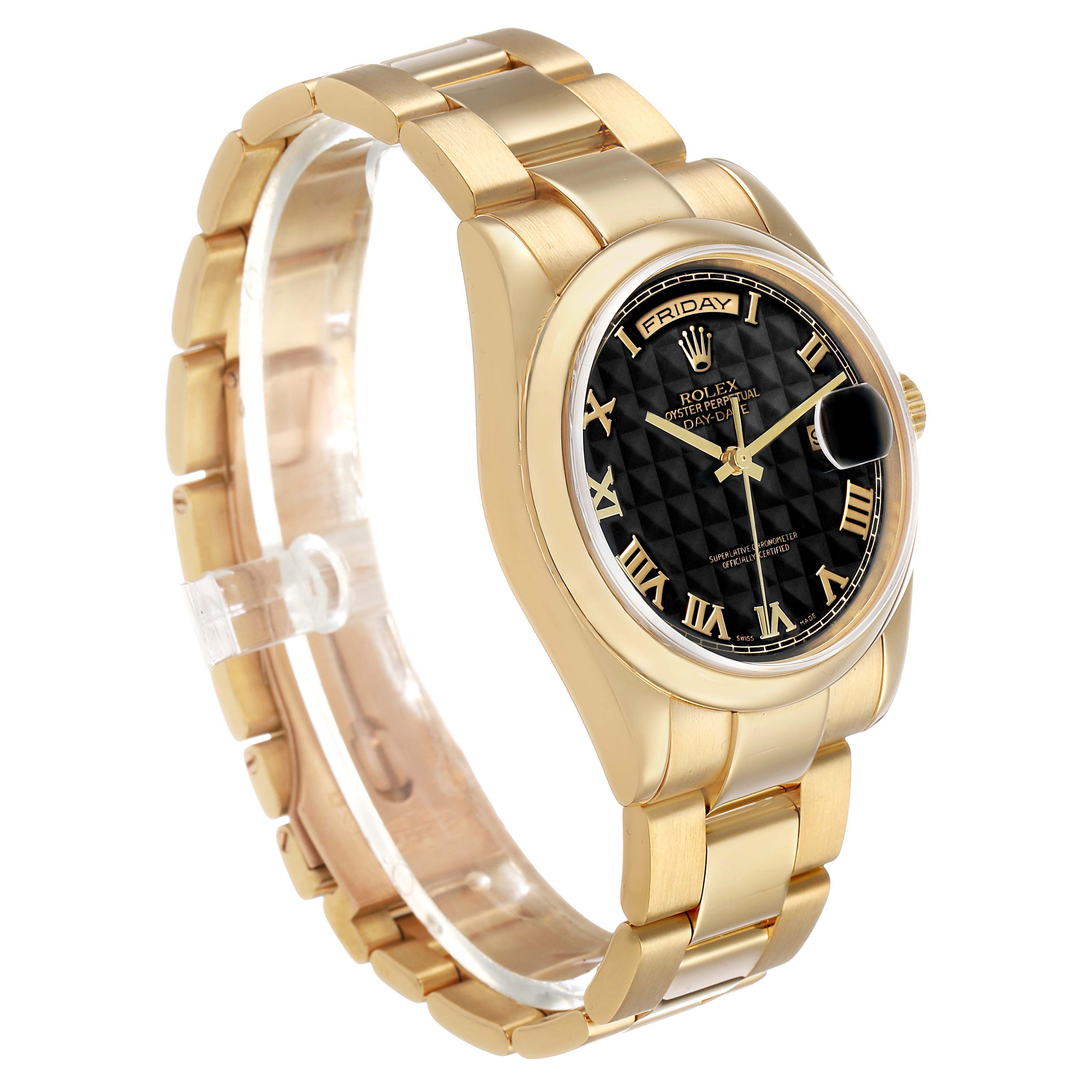 The Rolex President 118208 Mens Yellow Gold Black Dial model is shown at a tilted angle, highlighting the bracelet, case, and dial with Roman numerals.