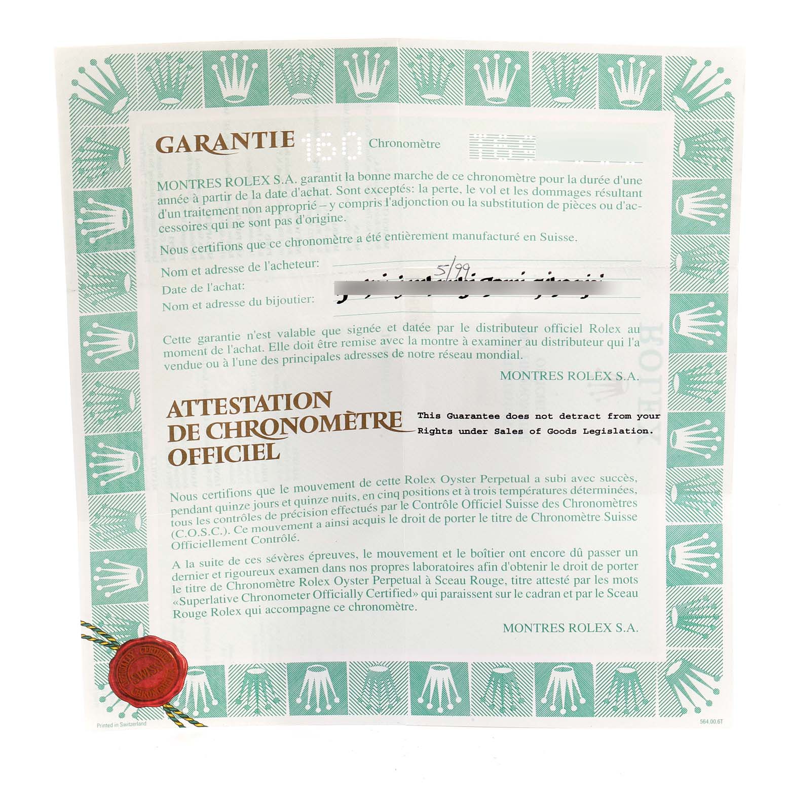 This image shows the warranty and official chronometer certification for the Rolex President 18238 Men
s Yellow Gold Champagne Dial 18238 Men
s Yellow Gold Champagne Dial model watch.