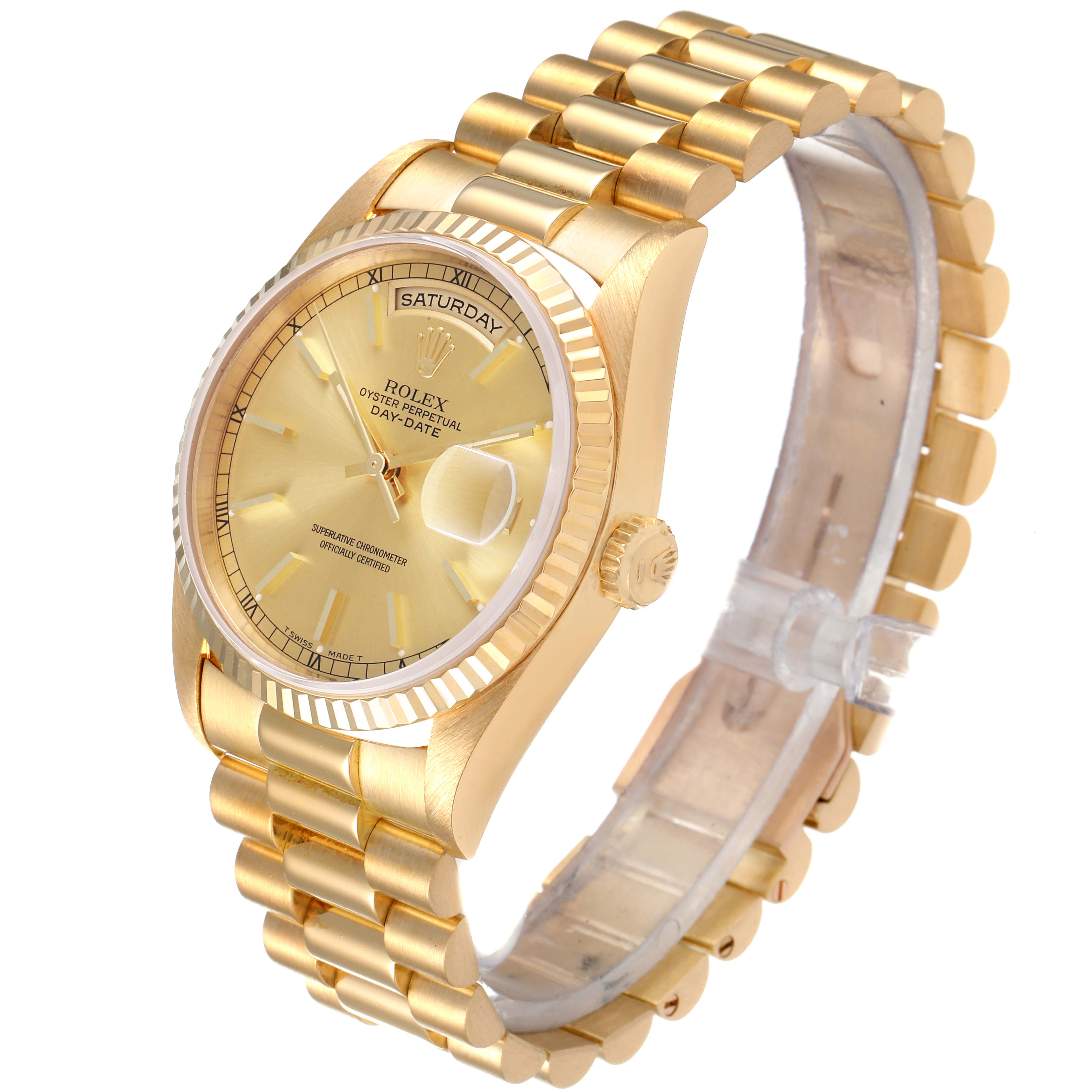 The image shows a Rolex President 18238 Men
s Yellow Gold Champagne Dial 18238 Men
s Yellow Gold Champagne Dial model watch from a three-quarter angle, highlighting the dial, bezel, and bracelet.