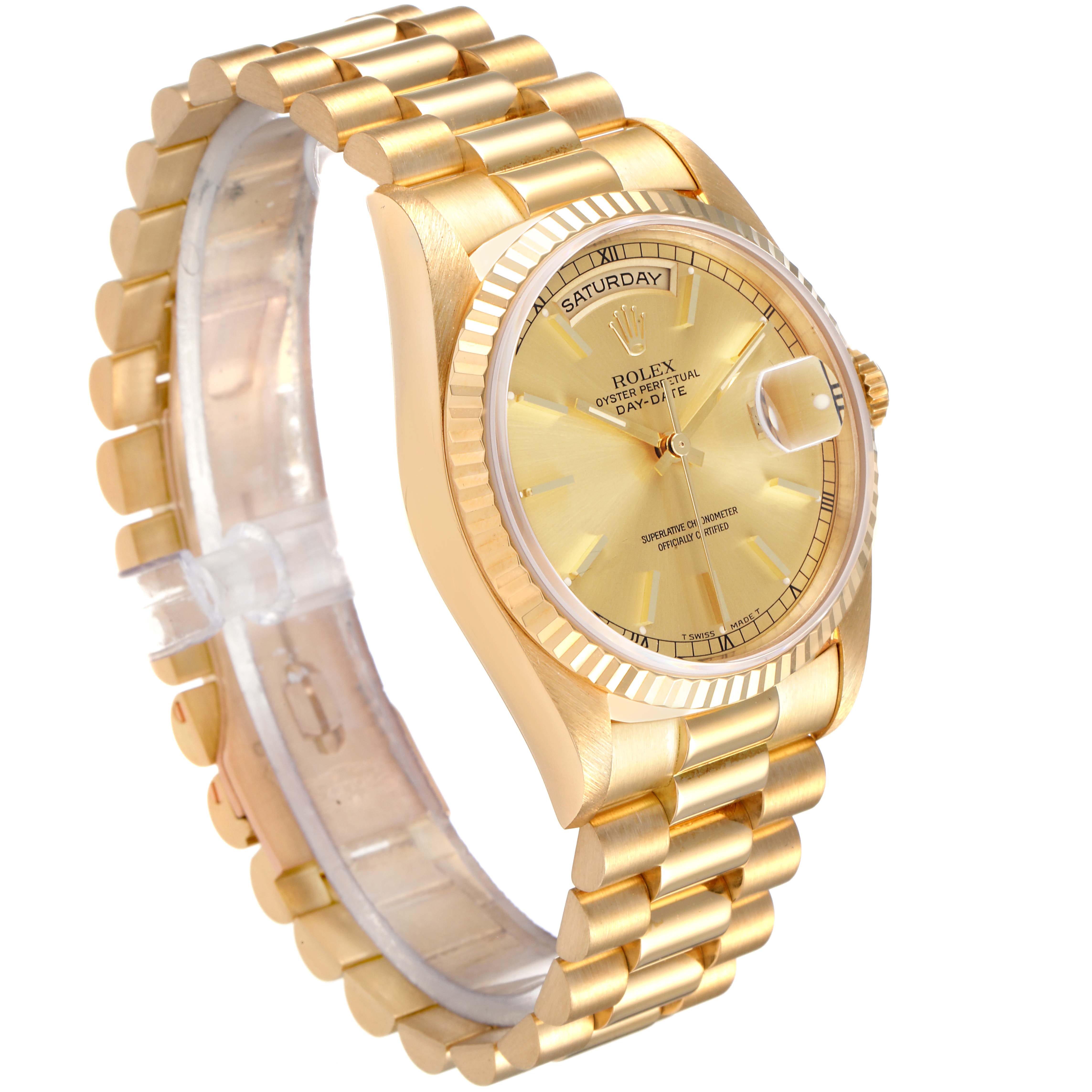 The image shows a Rolex President 18238 Men
s Yellow Gold Champagne Dial 18238 Men
s Yellow Gold Champagne Dial model watch at a three-quarter angle featuring the dial, bezel, and bracelet.