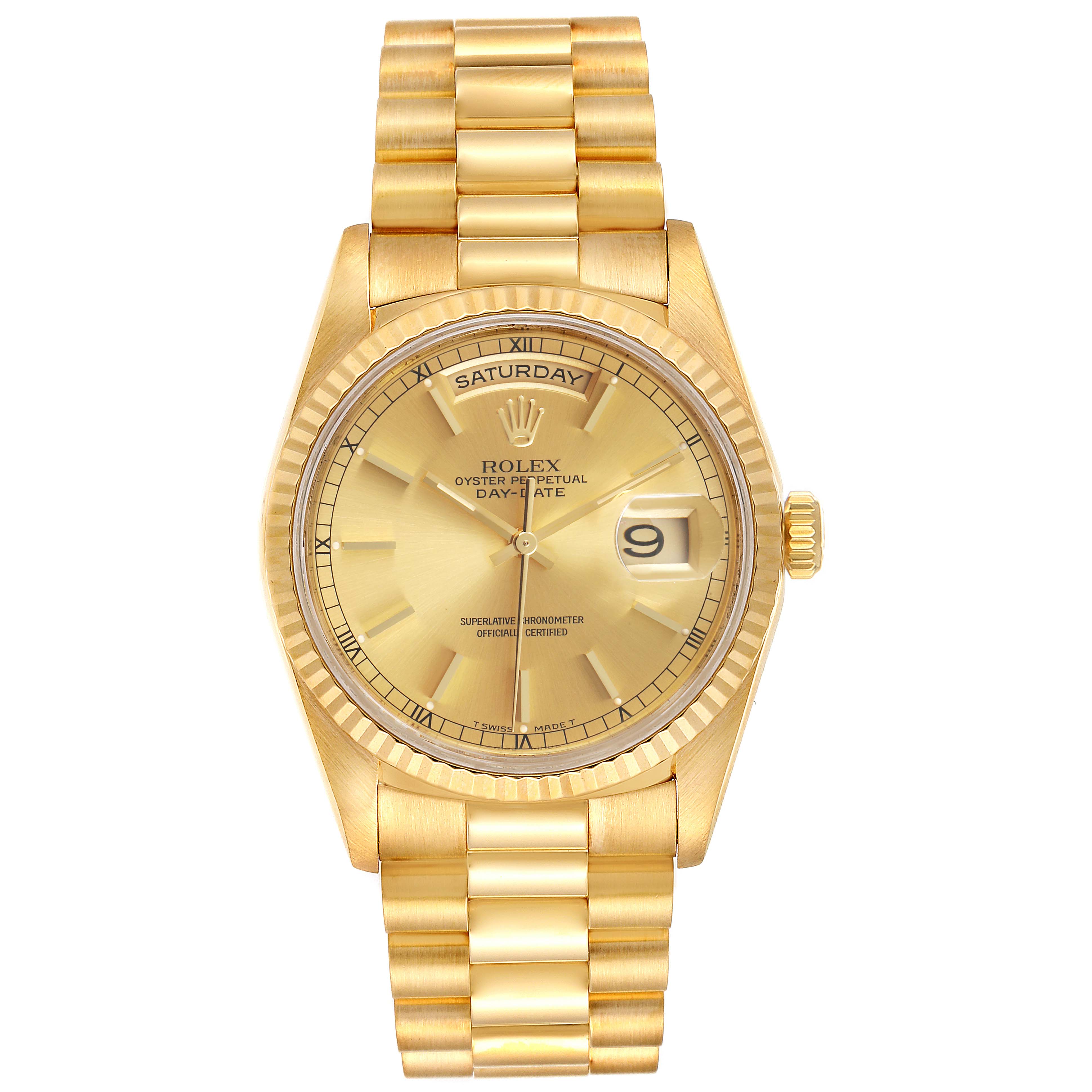 The image shows a front view of a Rolex President 18238 Men
s Yellow Gold Champagne Dial 18238 Men
s Yellow Gold Champagne Dial model watch, displaying its gold case, bracelet, day and date indicators.