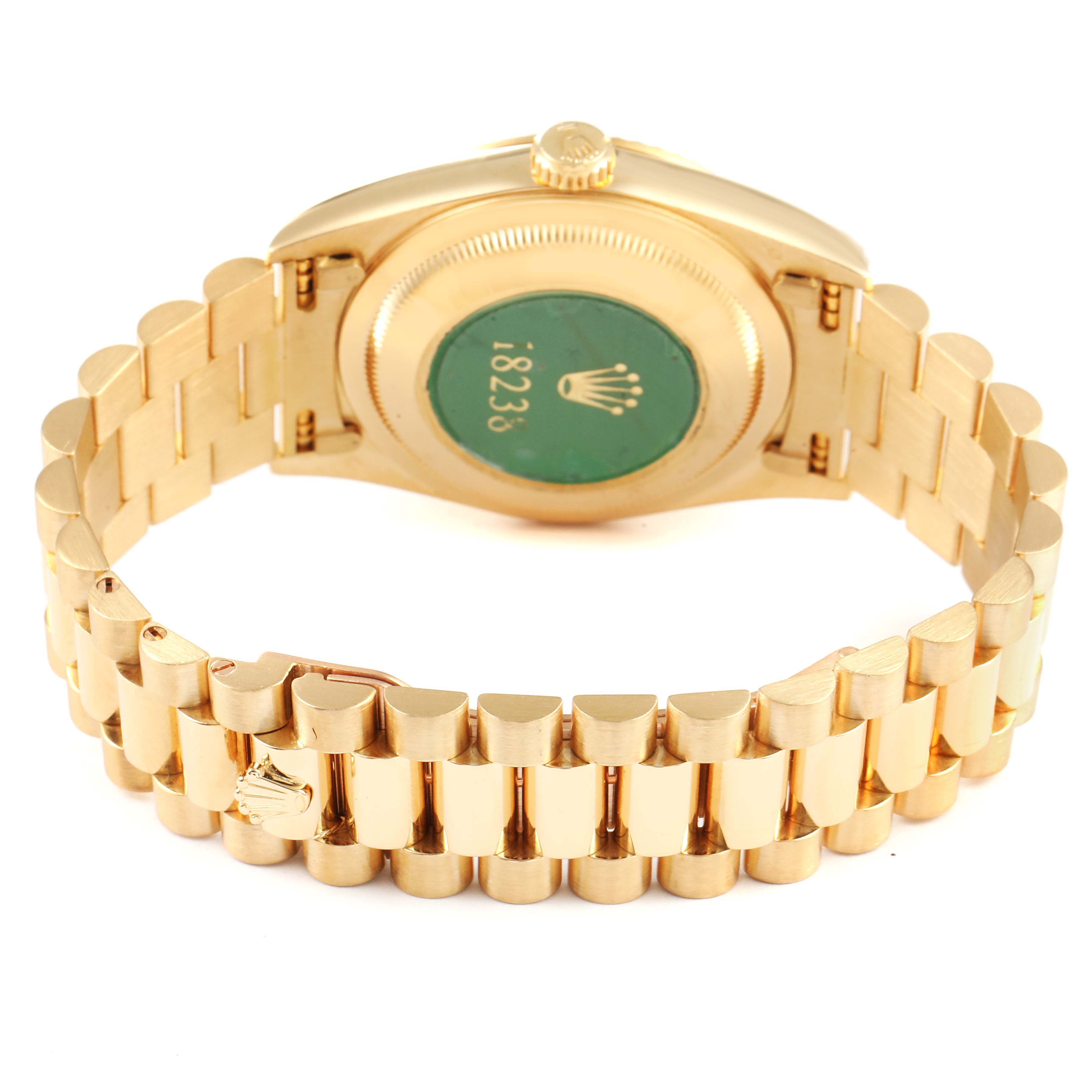 The image shows the back case and bracelet of a Rolex President 18238 Men
s Yellow Gold Champagne Dial 18238 Men
s Yellow Gold Champagne Dial model watch, viewed from the rear angle.