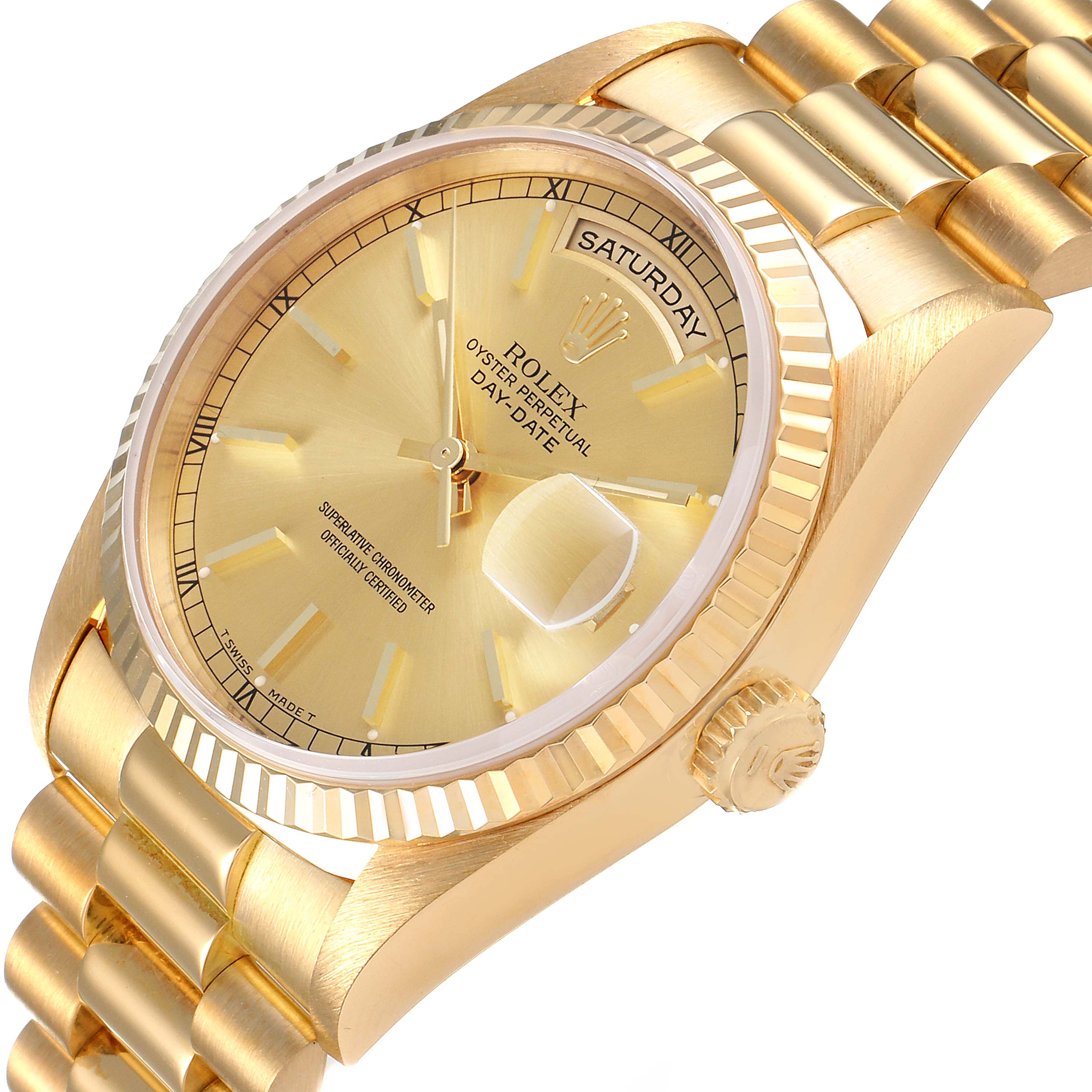 The image shows a close-up of the Rolex President 18238 Men
s Yellow Gold Champagne Dial 18238 Men
s Yellow Gold Champagne Dial model watch, focusing on the case, dial, crown, and part of the bracelet.