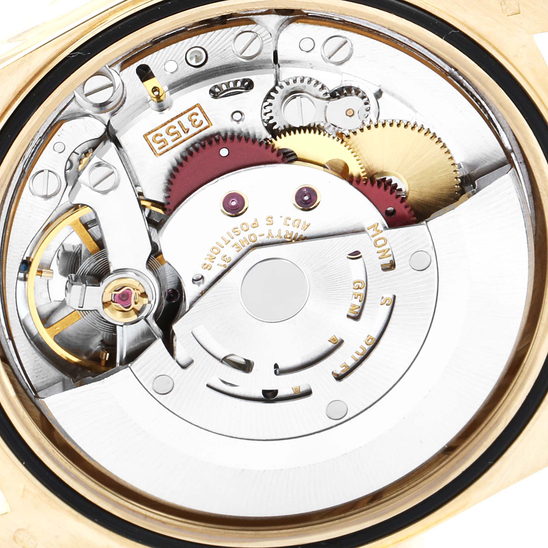 This is a close-up view of the internal mechanism of a Rolex President 18238 Men
s Yellow Gold Champagne Dial 18238 Men
s Yellow Gold Champagne Dial model watch, showing its gears and components.
