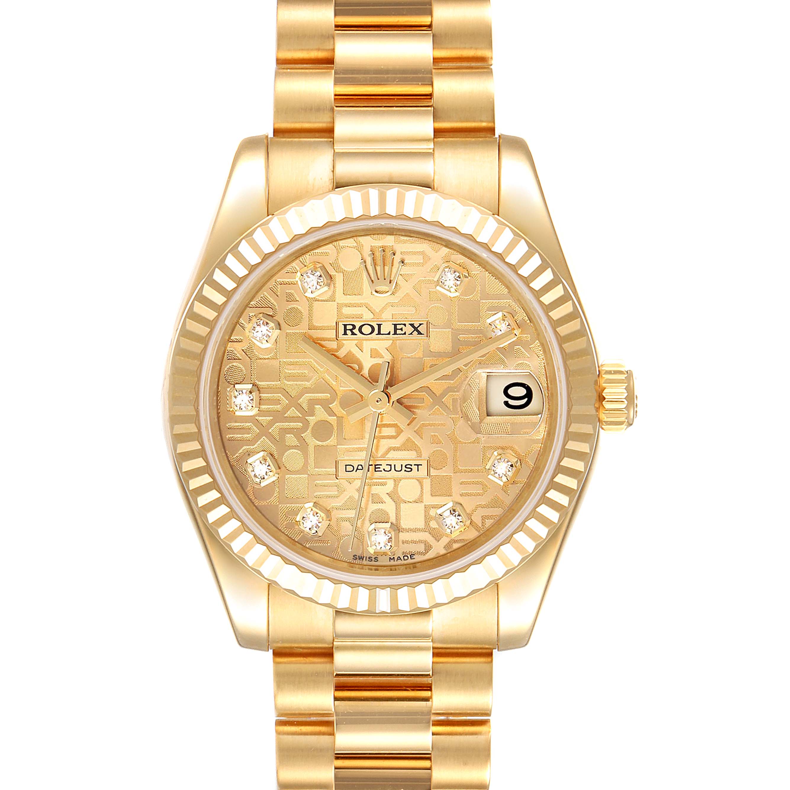 The image shows a front view of a Rolex President 178278 Women
s Yellow Gold Champagne Dial 178278 Women
s Yellow Gold Champagne Dial model watch featuring a gold dial, a date window, and a gold bracelet.