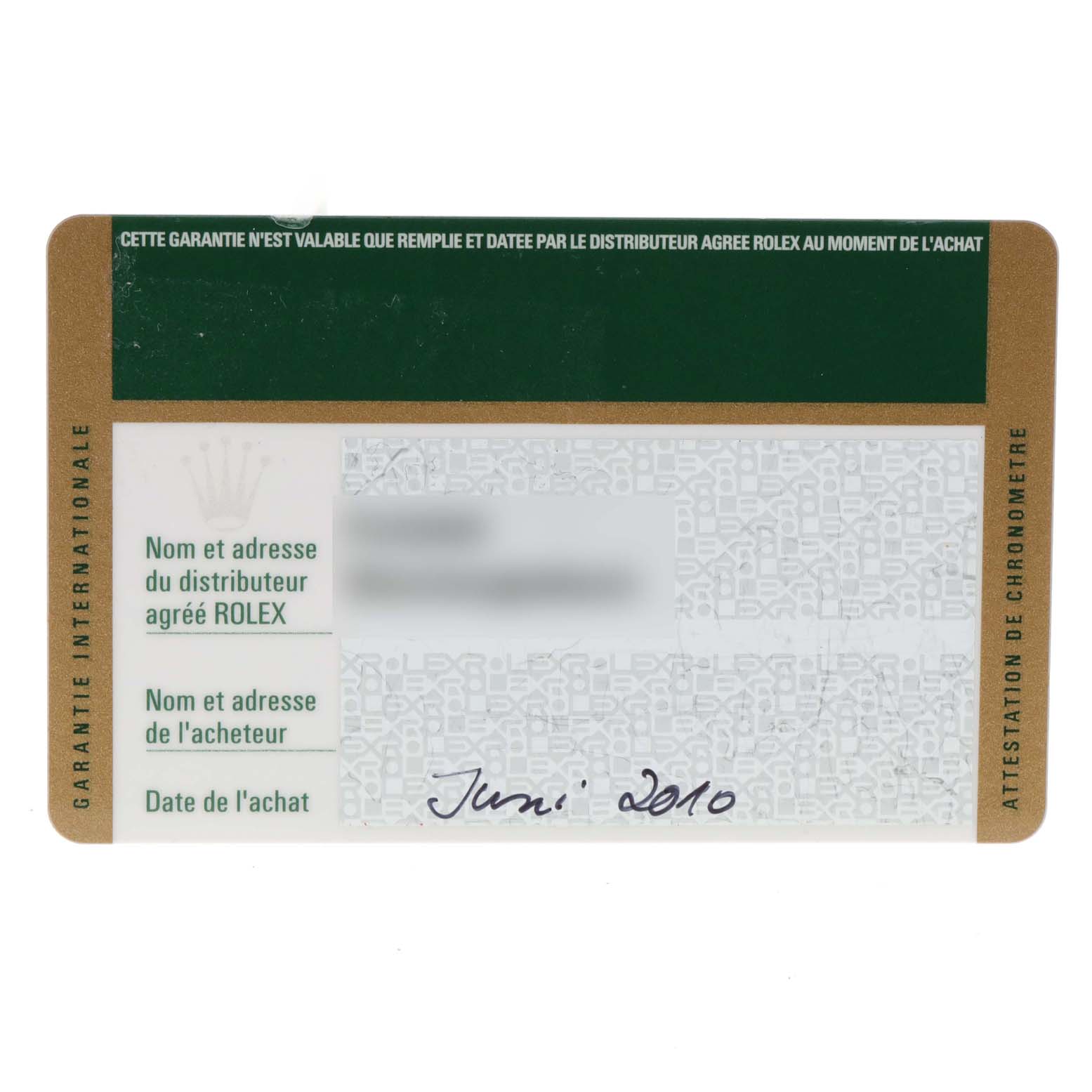 The image shows the warranty card for the Rolex President 178278 Women
s Yellow Gold Champagne Dial 178278 Women
s Yellow Gold Champagne Dial model watch.