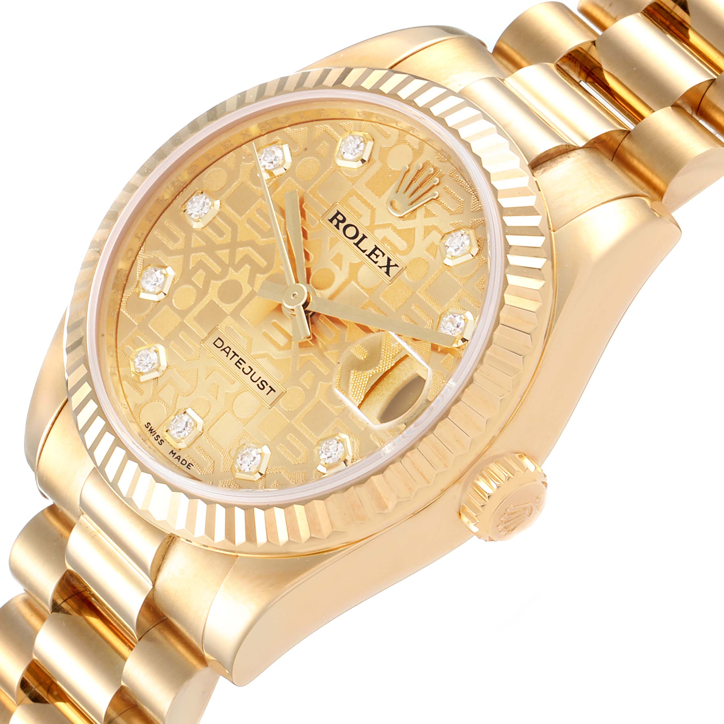 The image shows a close-up of a Rolex President 178278 Women
s Yellow Gold Champagne Dial 178278 Women
s Yellow Gold Champagne Dial model watch featuring the dial, bezel, and bracelet.