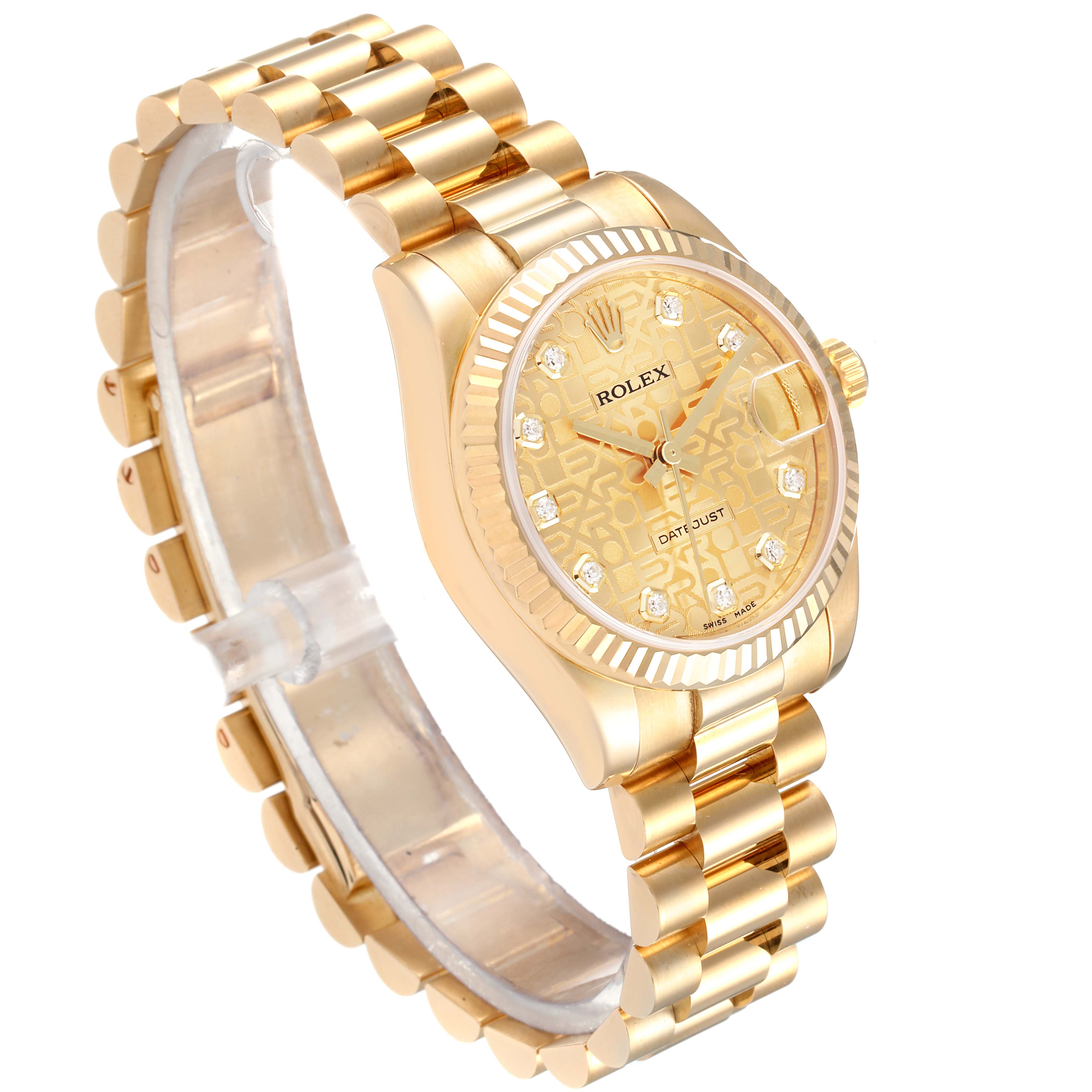 The Rolex President 178278 Women
s Yellow Gold Champagne Dial 178278 Women
s Yellow Gold Champagne Dial model watch is shown at an angled view, highlighting its gold case, bracelet, and dial with diamond hour markers.