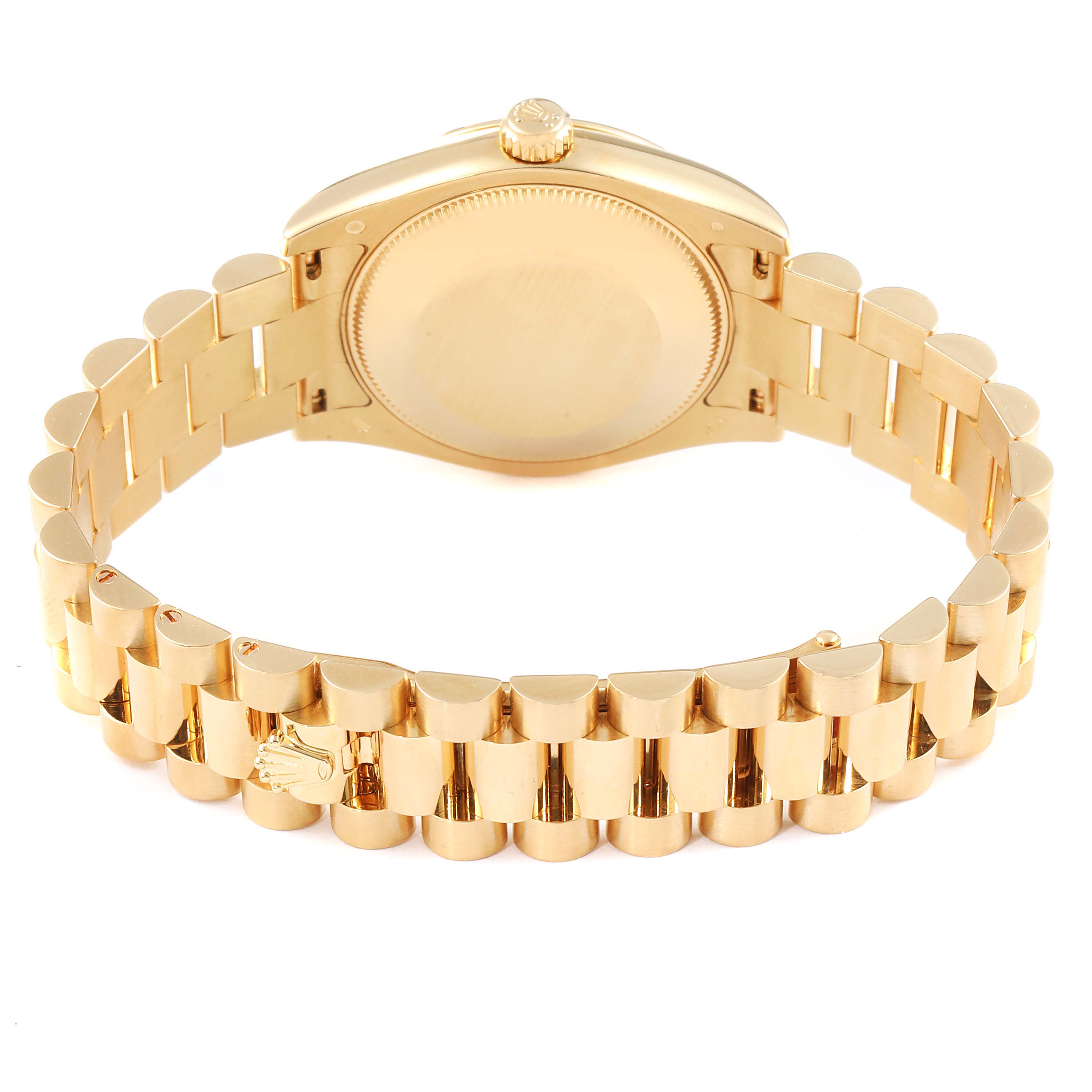 This image shows the back side and bracelet of the Rolex President 178278 Women
s Yellow Gold Champagne Dial 178278 Women
s Yellow Gold Champagne Dial model watch.