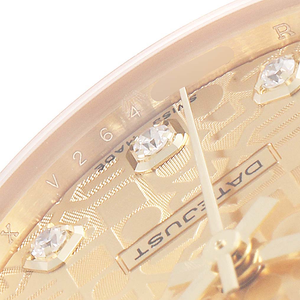This close-up angle shows the dial of the Rolex President 178278 Women
s Yellow Gold Champagne Dial 178278 Women
s Yellow Gold Champagne Dial model watch, focusing on the date and diamond hour markers.