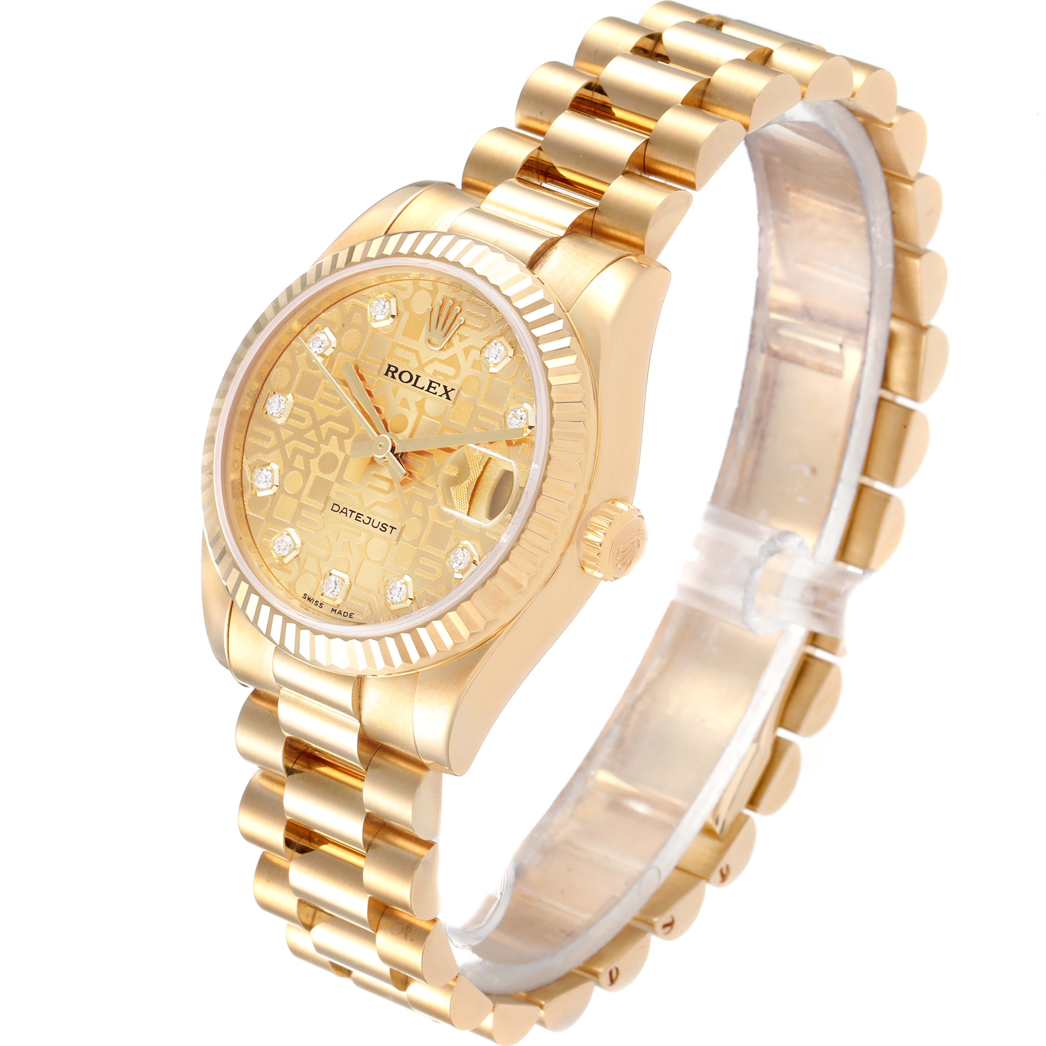 This image shows a gold Rolex President 178278 Women
s Yellow Gold Champagne Dial 178278 Women
s Yellow Gold Champagne Dial Datejust watch at a three-quarter angle, highlighting the dial, crown, and bracelet.