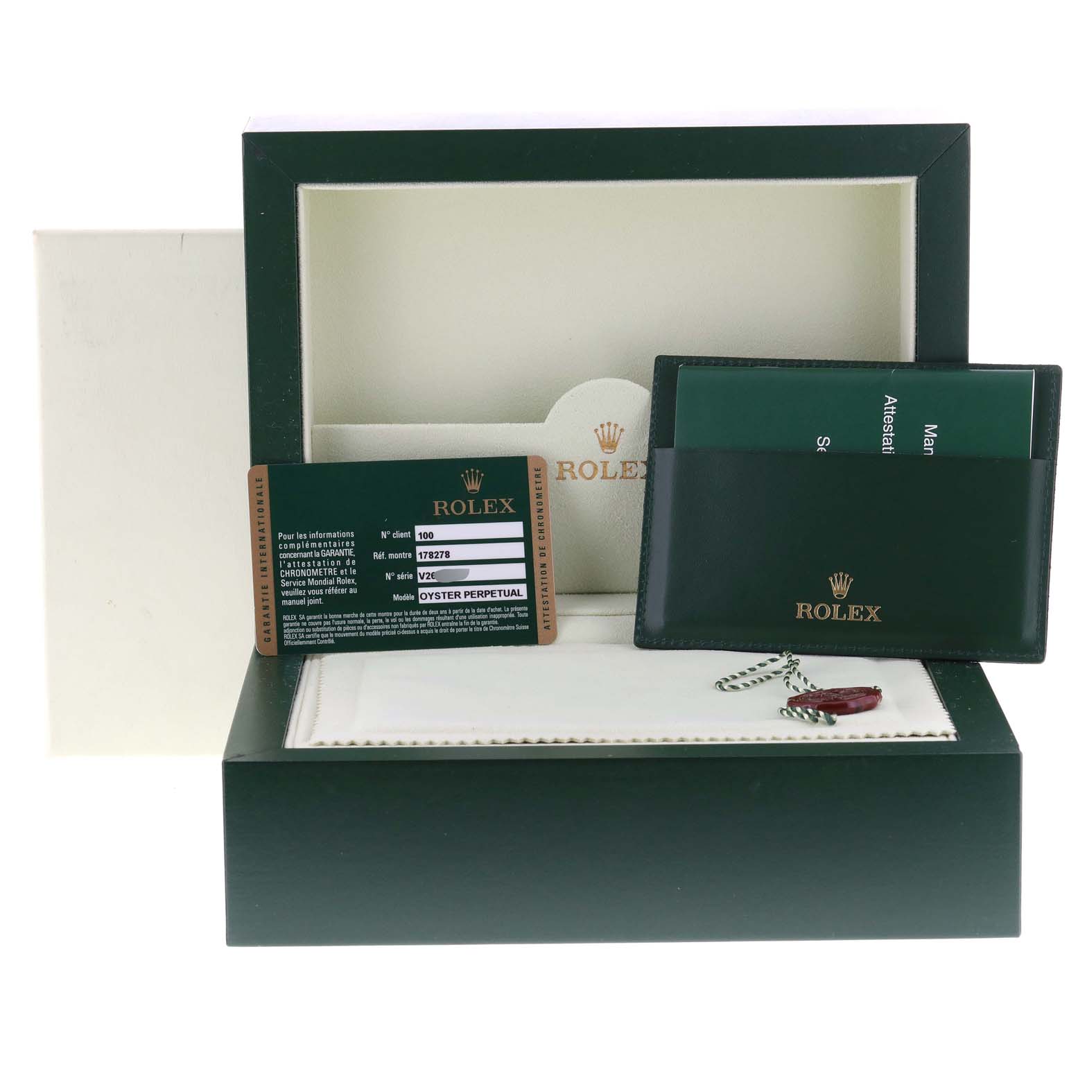 The image shows the Rolex President 178278 Women
s Yellow Gold Champagne Dial 178278 Women
s Yellow Gold Champagne Dial watch box, manuals, Best Quality
ation card, and tag from a front angle.