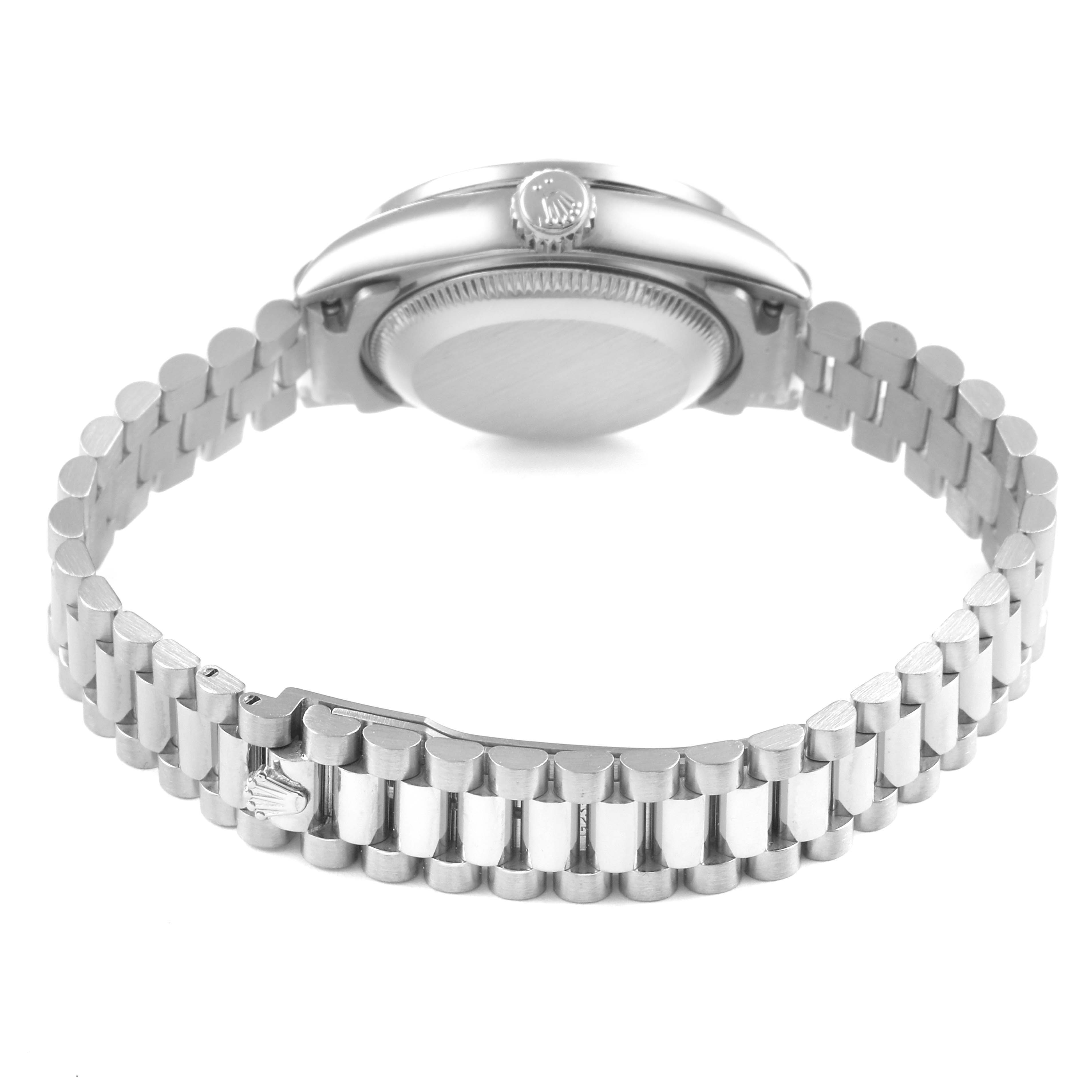 The image shows the back case and bracelet of a Rolex President 69159 Women's White Gold Silver Dial 69159 Women's White Gold Silver Dial model watch from a rear angle.