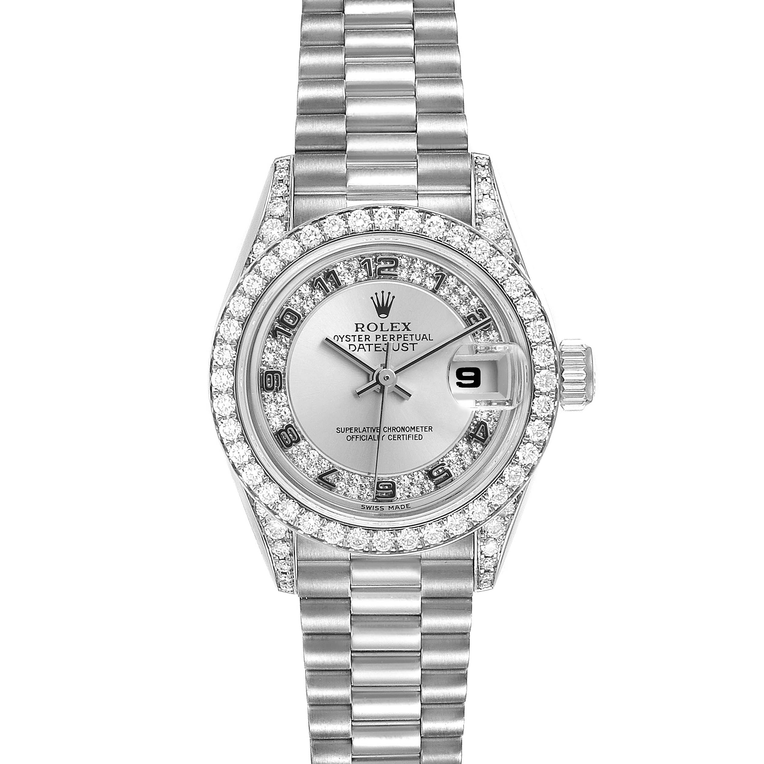 This image shows a frontal view of a Rolex President 69159 Women's White Gold Silver Dial 69159 Women's White Gold Silver Dial model watch, featuring a silver dial, diamond bezel, and bracelet.