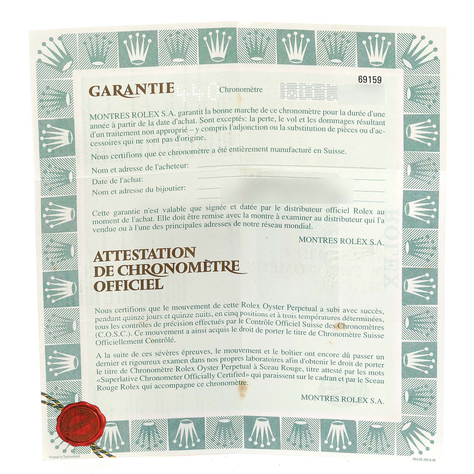 This is a warranty certificate for a Rolex President 69159 Women's White Gold Silver Dial 69159 Women's White Gold Silver Dial model watch, featuring detailed text and official seals.