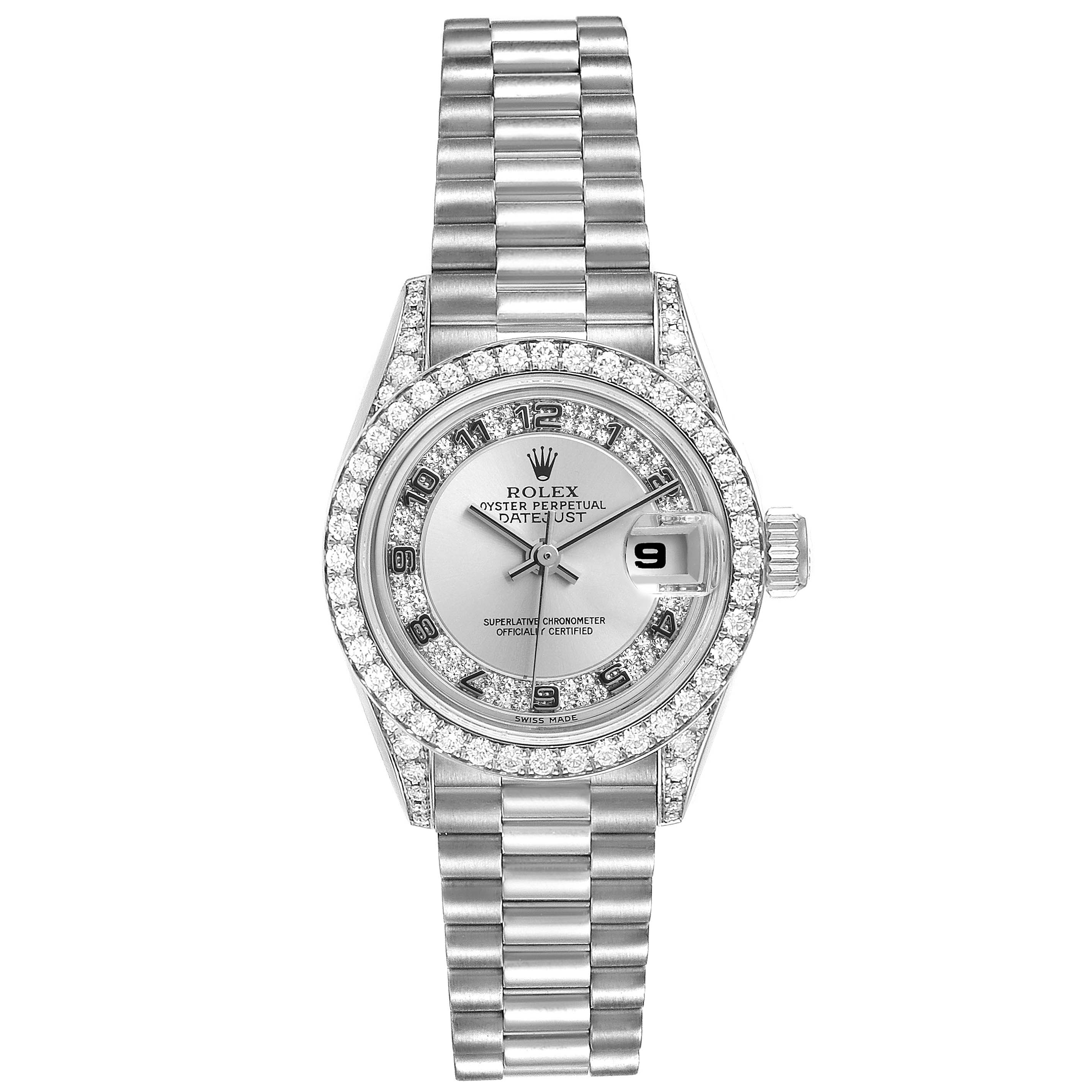 The image shows the front full view of a Rolex President 69159 Women's White Gold Silver Dial 69159 Women's White Gold Silver Dial model watch, highlighting the bezel, dial, and bracelet.