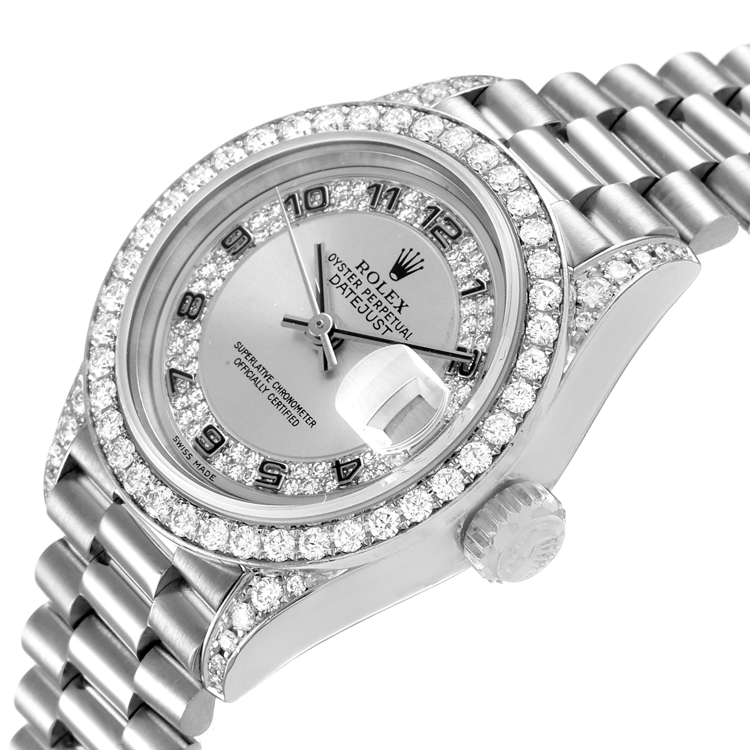 The Rolex President 69159 Women's White Gold Silver Dial 69159 Women's White Gold Silver Dial model watch is shown at an angle displaying the dial, bezel, crown, and a segment of the bracelet.