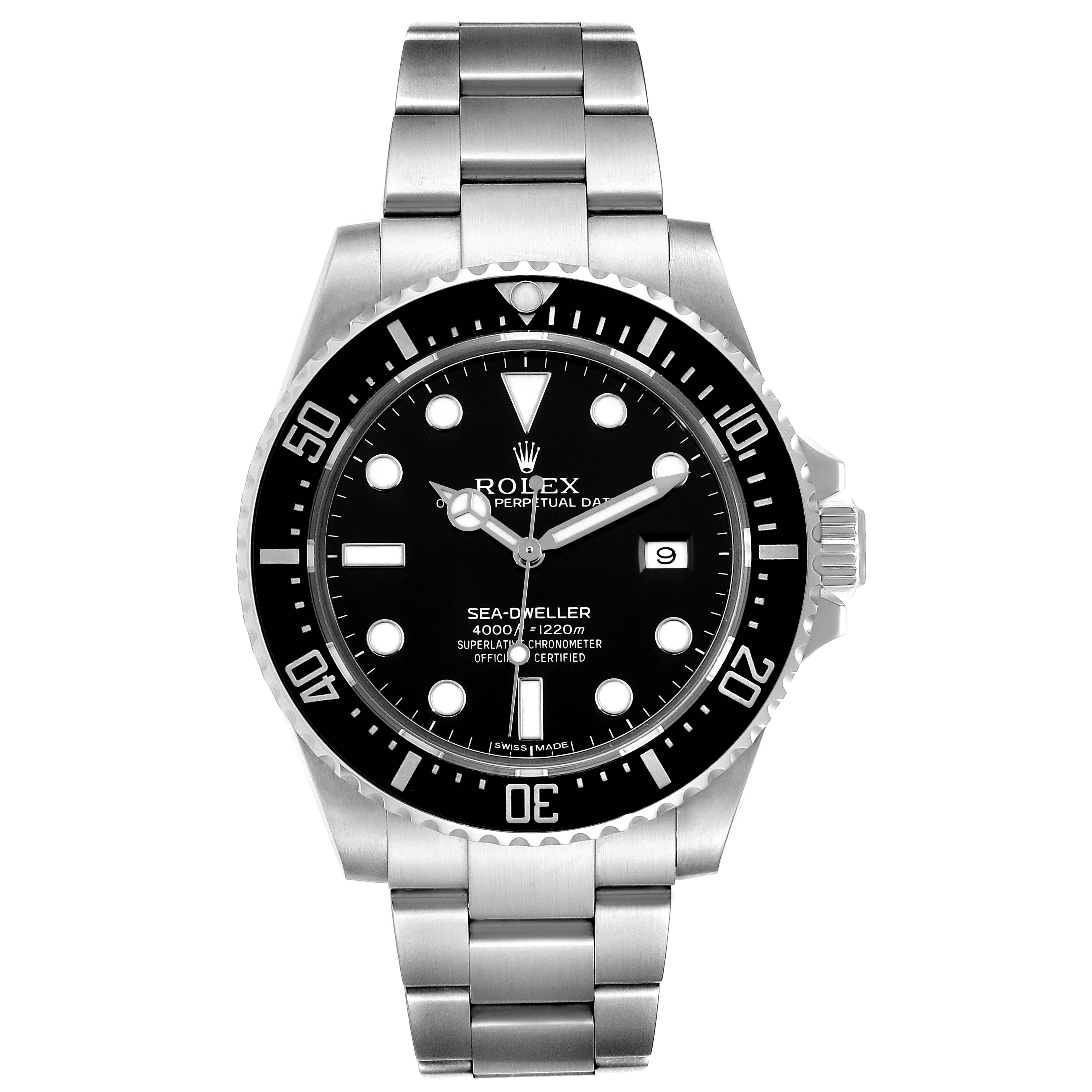 The image shows a frontal view of the Rolex Sea-Dweller 116600 Men's Stainless Steel Black Dial 116600 Men's Stainless Steel Black Dial watch, displaying its dial, hands, bezel, crown, and bracelet.