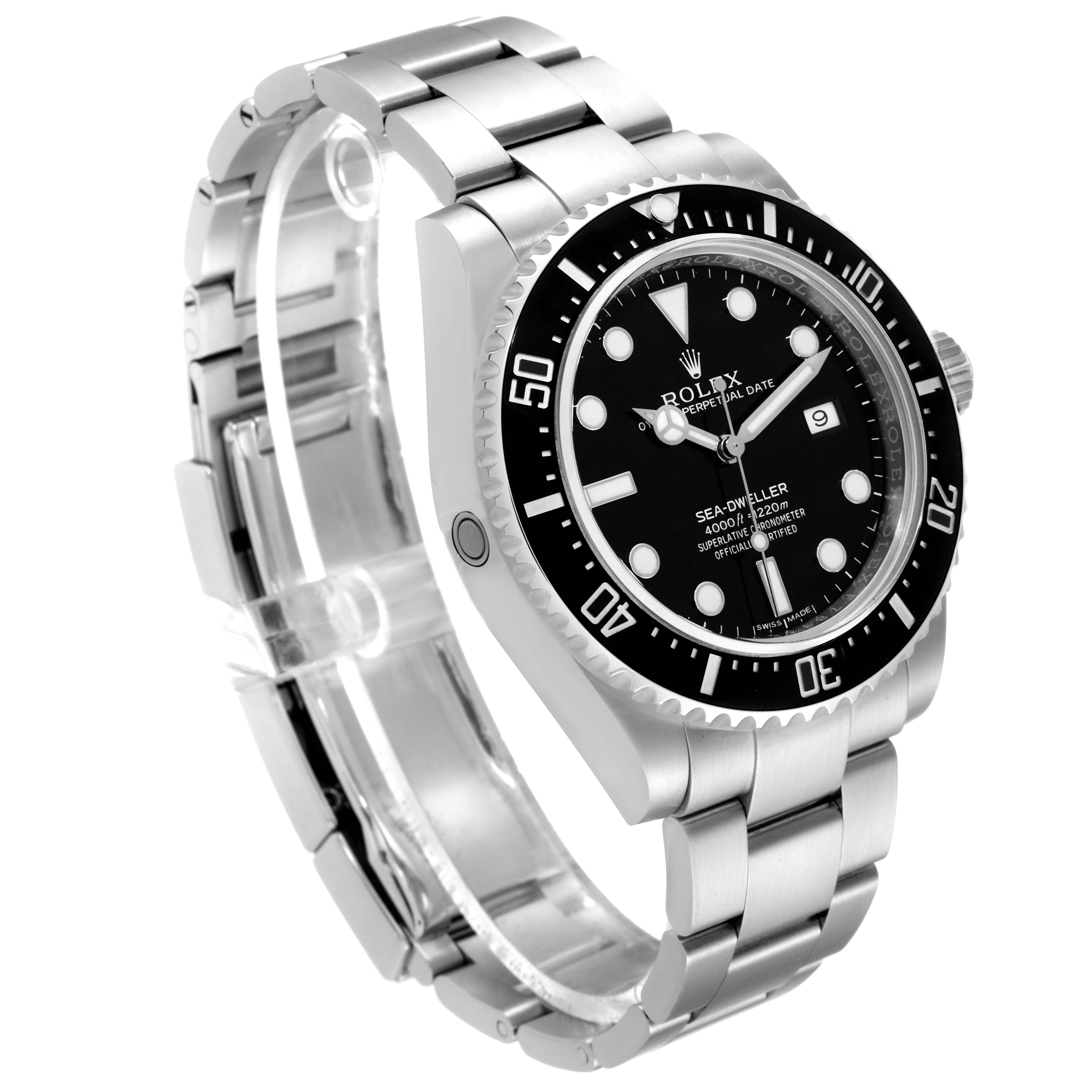 The image shows a Rolex Sea-Dweller 116600 Men's Stainless Steel Black Dial 116600 Men's Stainless Steel Black Dial watch angled from the top front, highlighting the dial, bezel, and stainless steel bracelet.