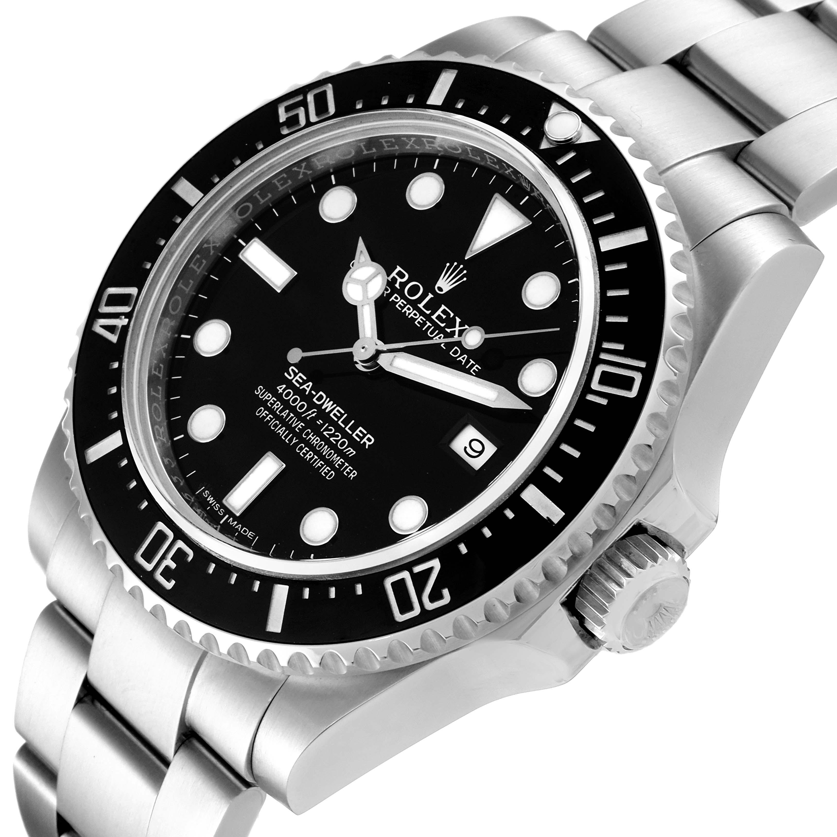 This image shows a Rolex Sea-Dweller 116600 Men's Stainless Steel Black Dial 116600 Men's Stainless Steel Black Dial watch from an angled view, revealing the face, bezel, crown, and part of the bracelet.