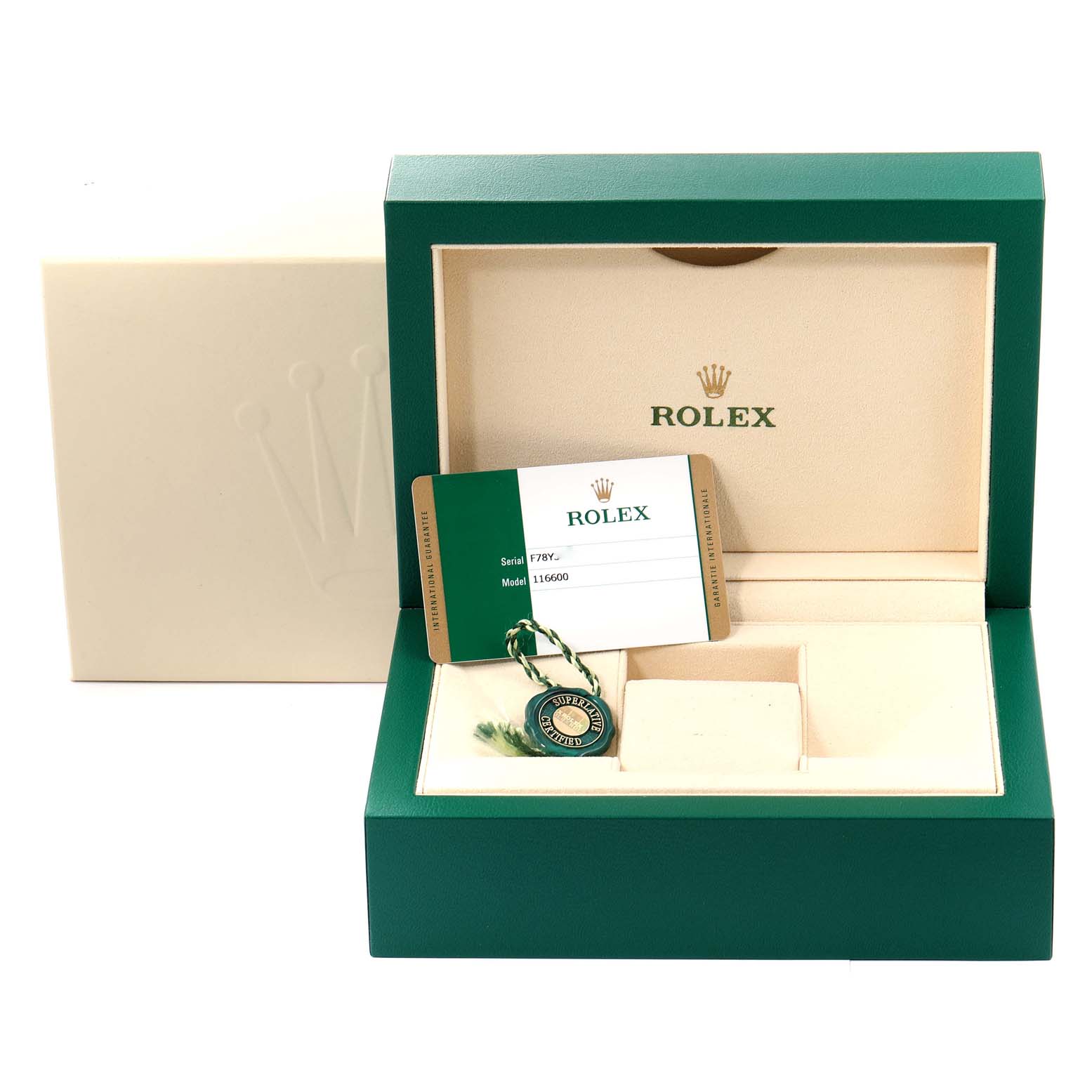 The image shows the open box, certification card, and tag of a Rolex Sea-Dweller 116600 Men's Stainless Steel Black Dial 116600 Men's Stainless Steel Black Dial watch model.