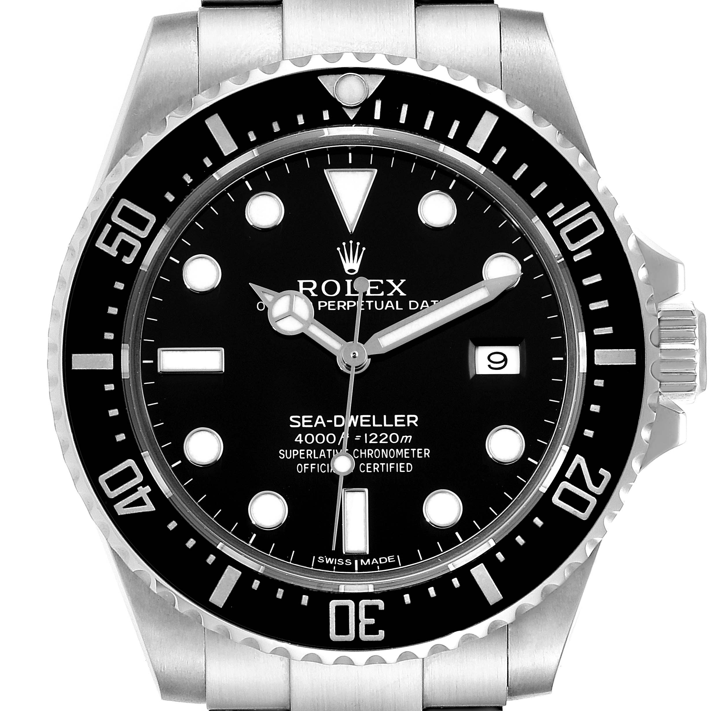 This image shows a front-facing view of the Rolex Sea-Dweller 116600 Men's Stainless Steel Black Dial 116600 Men's Stainless Steel Black Dial watch, highlighting the dial, bezel, and crown.
