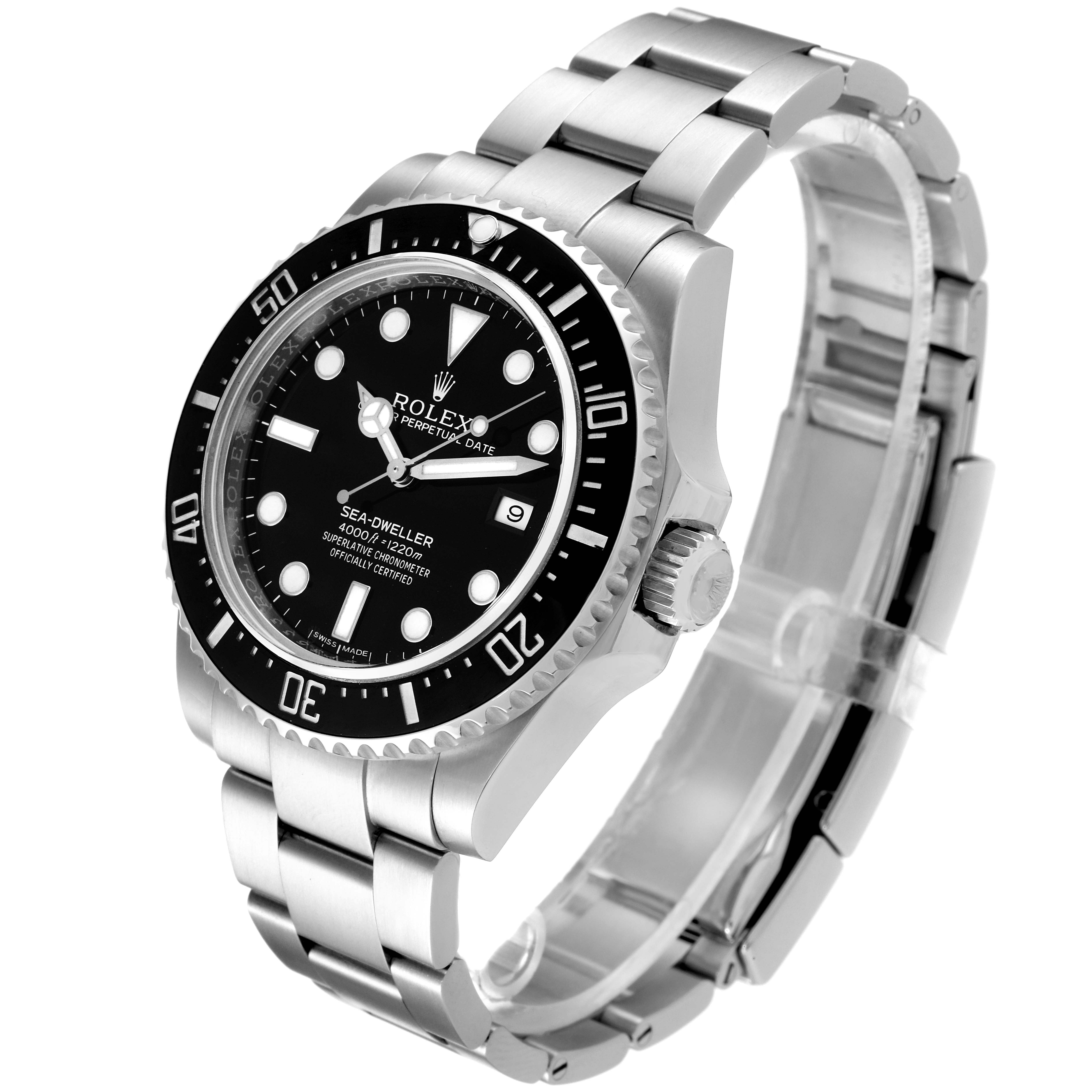 This image shows the front and right side of the Rolex Sea-Dweller 116600 Men's Stainless Steel Black Dial 116600 Men's Stainless Steel Black Dial watch including the bezel, dial, and bracelet.