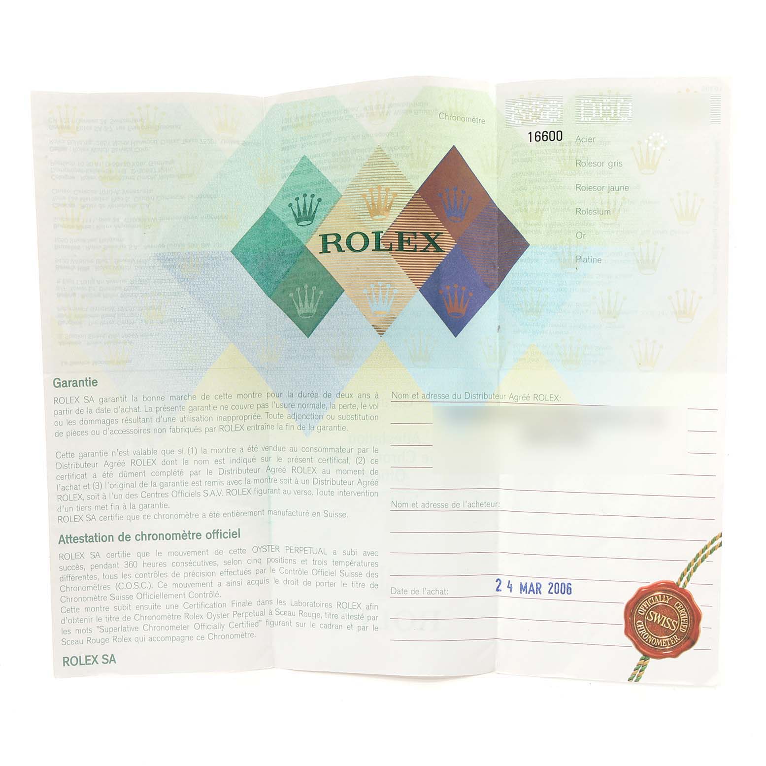 The image shows a warranty and certificate booklet for a Rolex Sea-Dweller 16600 Men
s Stainless Steel Black Dial 16600 Men
s Stainless Steel Black Dial model, dated March 24, 2006.