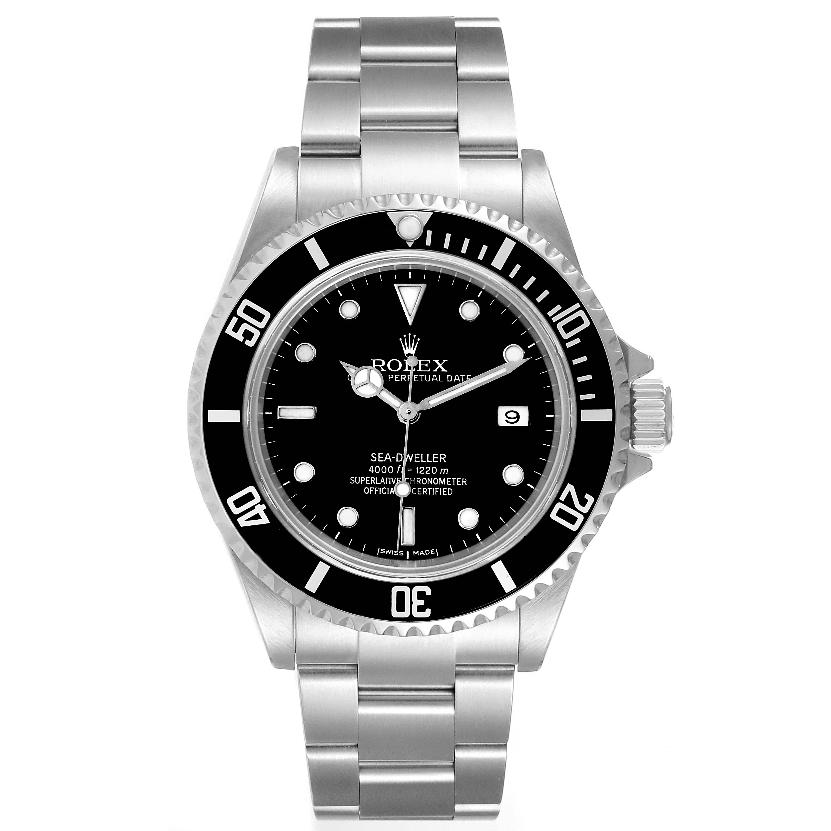 The image shows a front view of the Rolex Sea-Dweller 16600 Men
s Stainless Steel Black Dial 16600 Men
s Stainless Steel Black Dial watch, displaying the dial, bezel, and stainless steel bracelet.