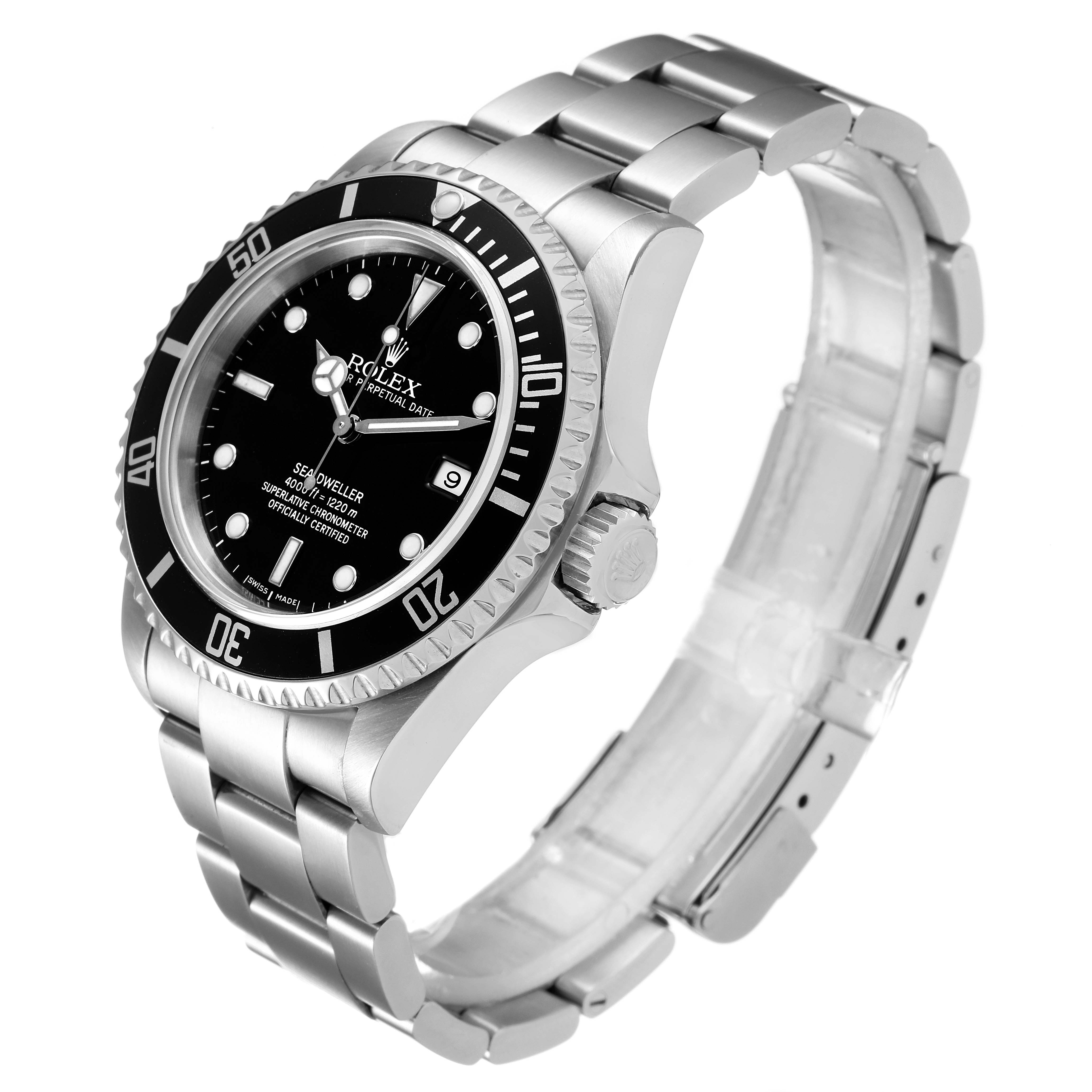 The Rolex Sea-Dweller 16600 Men
s Stainless Steel Black Dial 16600 Men
s Stainless Steel Black Dial watch is shown at a slight angle, displaying the face, bezel, crown, and bracelet.