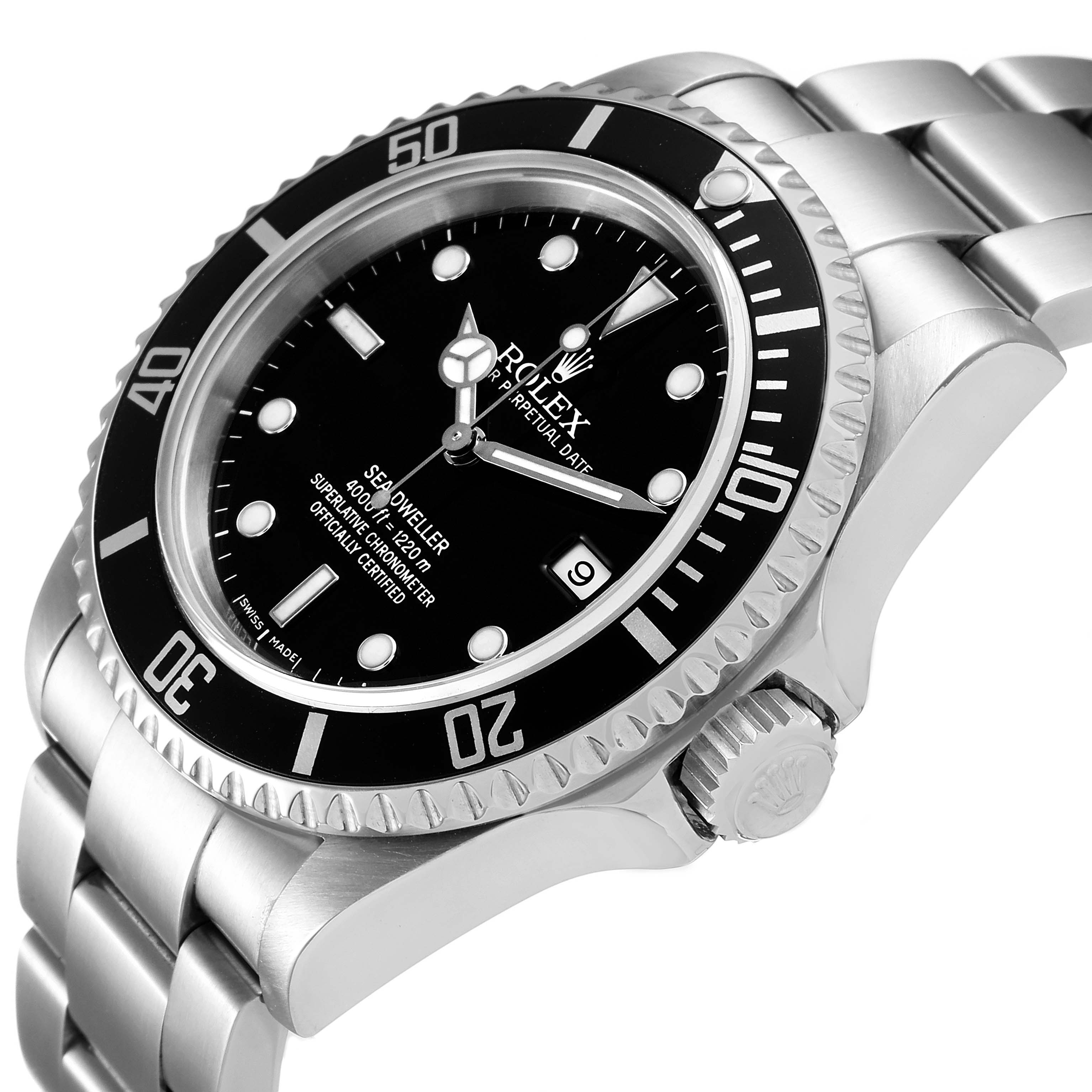 This image shows a Rolex Sea-Dweller 16600 Men
s Stainless Steel Black Dial 16600 Men
s Stainless Steel Black Dial watch at a slight angle, highlighting its dial, bezel, crown, and part of its bracelet.